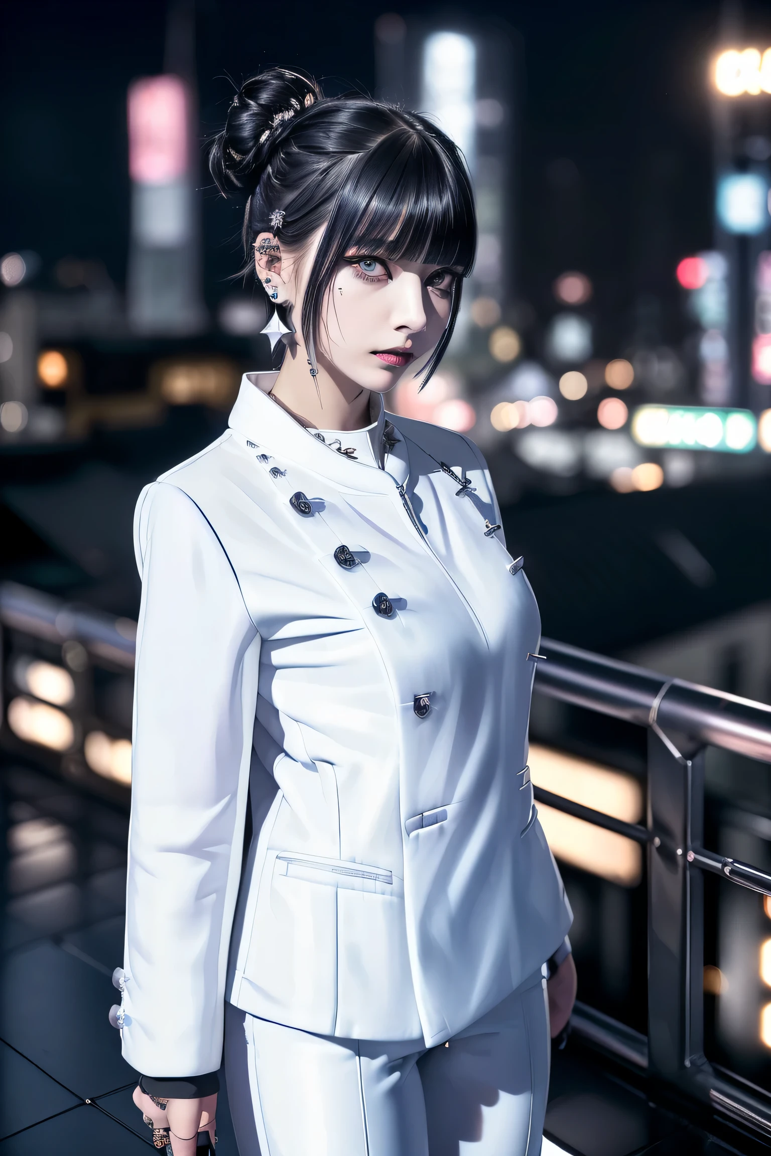 ((Building Rooftop: 1,3)), ((Goth_Punk, Alone, Medium Shot, Walking on Rooftop in Harajuku, ((Night)), Blur, Neon Light, Iridescent Eyes, Starry Sky, Glowing Black Hair, White Eyebrows, Shiny Hair, (Iridescent Black Hair), Earrings, Bun, Jewelry, Dull Bangs, Busy Eyes, Background Blur, Blur, Hair Adornment, Gaze, Short Hair, Portrait, Side Lock BREAK ((Swedish Girl, White Skin, White People)),((Women's Job Suit:1.3)), BREAK (Gal: 1. 1),(Glamour: 1. 3),(night),(supermodel: 1.3)),BREAK ((earrings, rings)), cowboy shot,((tall person)),((android)),(event companion)),((thin see-through)) tight fitting underwear with straps))