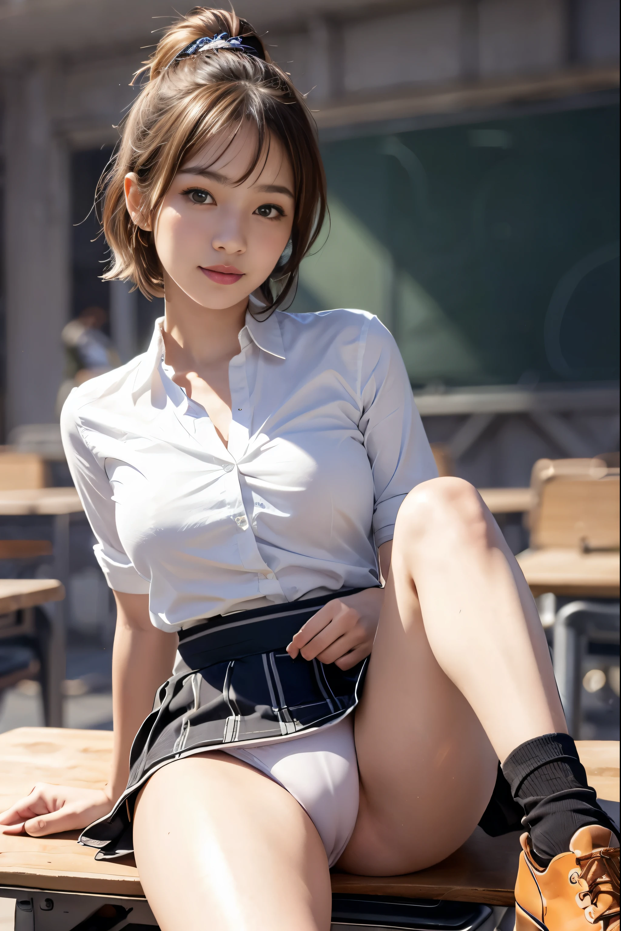 (reality: 1.4),highest quality, masterpiece, high detail, 16K quality, beautiful, 1 beautiful girl,japanese,super beautiful face,baby face,japanese idol face,cute face,super detailed face,detailed hand,beautiful skin,oily skin,big eyes,profeccional lighting,short hair,black hair,brown beautiful eyes, big breasts, white blouse,open button,(checked mini skirt),white panties,(showing panties),black high socks, (Sitting with Knees Up on desk),spread legs,smile, she is looking at the camera,classroom, nsfw,from below,standing,skirt lift,