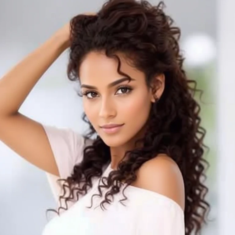 A beautiful and surprising black Mexican woman, full-body portrait, standing, in tight blue jeans, her vaginal lips are visible in her pants, with a white blouse, honey-colored eyes, legs, butt, hips, small breasts, curls free, curly black hair (shorter darker curly hair), wild black long curly hair, multiversal hair, Brazilian, black curly short hair. Curly black hair, Curls, extended wavy hair, Baroque curls, curls, curly, Curly blonde hair, Hair texture, curly bangs