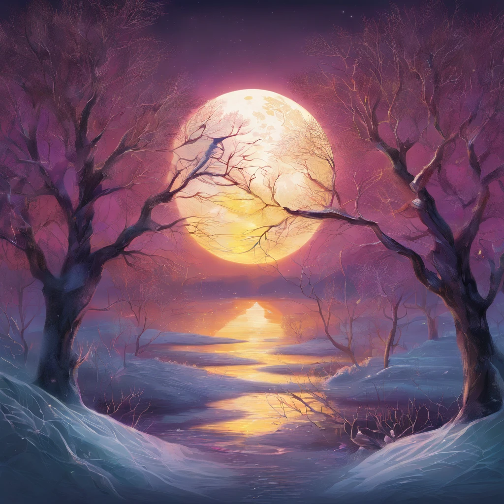 A kaleidoscope appearance with red, yellow, purple, gold light bouncing, a large white wolf with bright red eyes stands, intricately detailed with etchings, the moon showing a smiley face at night creating a soft glow, the trees frozen, blue bubbles, sparkling lights, brightly, moonlit scene, frozen lake's surface etched with intricate patterns, glistening under the soft moonlight. Frozen trees stand tall with delicate frost coating their branches, creating a serene and mystical ambiance. The ethereal glow of the moon reflects off the icy surface, casting a gentle luminance over the entire landscape, evoking a sense of tranquility and wonder. Photography, high-resolution, capturing the silver glow and intricate details under a full moon.

(best quality,4k,8k,highres,masterpiece:1.2), ultra-detailed, (realistic,photorealistic,photo-realistic:1.37), HDR, UHD, studio lighting, ultra-fine painting, sharp focus, physically-based rendering, extreme detail description, professional, vivid colors, bokeh. Portraits, landscape, horror, anime, sci-fi, photography, concept artists. Warm color palette with dominant red, yellow, purple, and gold tones. Soft and ethereal lighting illuminating the scene.