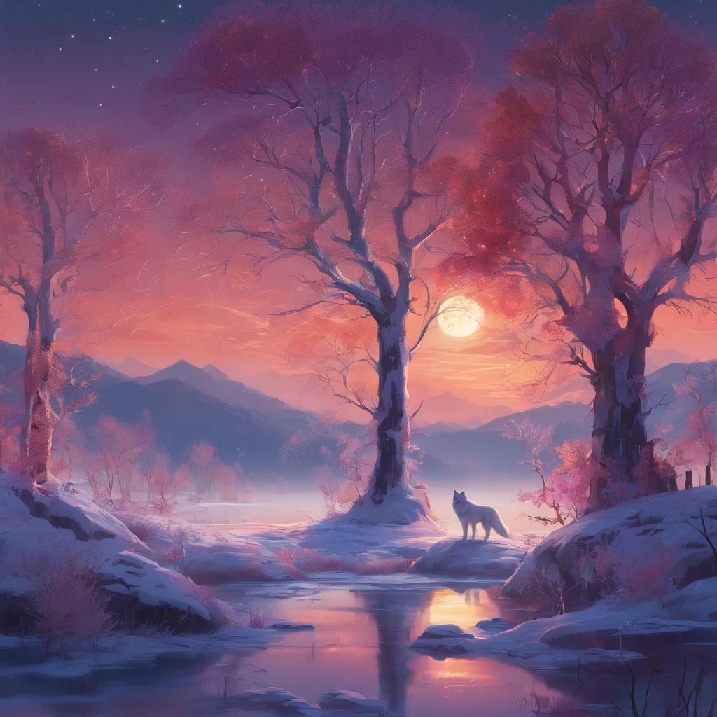 A kaleidoscope appearance with red, yellow, purple, gold light bouncing, a large white wolf with bright red eyes stands, intricately detailed with etchings, the moon showing a smiley face at night creating a soft glow, the trees frozen, blue bubbles, sparkling lights, brightly, moonlit scene, frozen lake's surface etched with intricate patterns, glistening under the soft moonlight. Frozen trees stand tall with delicate frost coating their branches, creating a serene and mystical ambiance. The ethereal glow of the moon reflects off the icy surface, casting a gentle luminance over the entire landscape, evoking a sense of tranquility and wonder. Photography, high-resolution, capturing the silver glow and intricate details under a full moon.

(best quality,4k,8k,highres,masterpiece:1.2), ultra-detailed, (realistic,photorealistic,photo-realistic:1.37), HDR, UHD, studio lighting, ultra-fine painting, sharp focus, physically-based rendering, extreme detail description, professional, vivid colors, bokeh. Portraits, landscape, horror, anime, sci-fi, photography, concept artists. Warm color palette with dominant red, yellow, purple, and gold tones. Soft and ethereal lighting illuminating the scene.