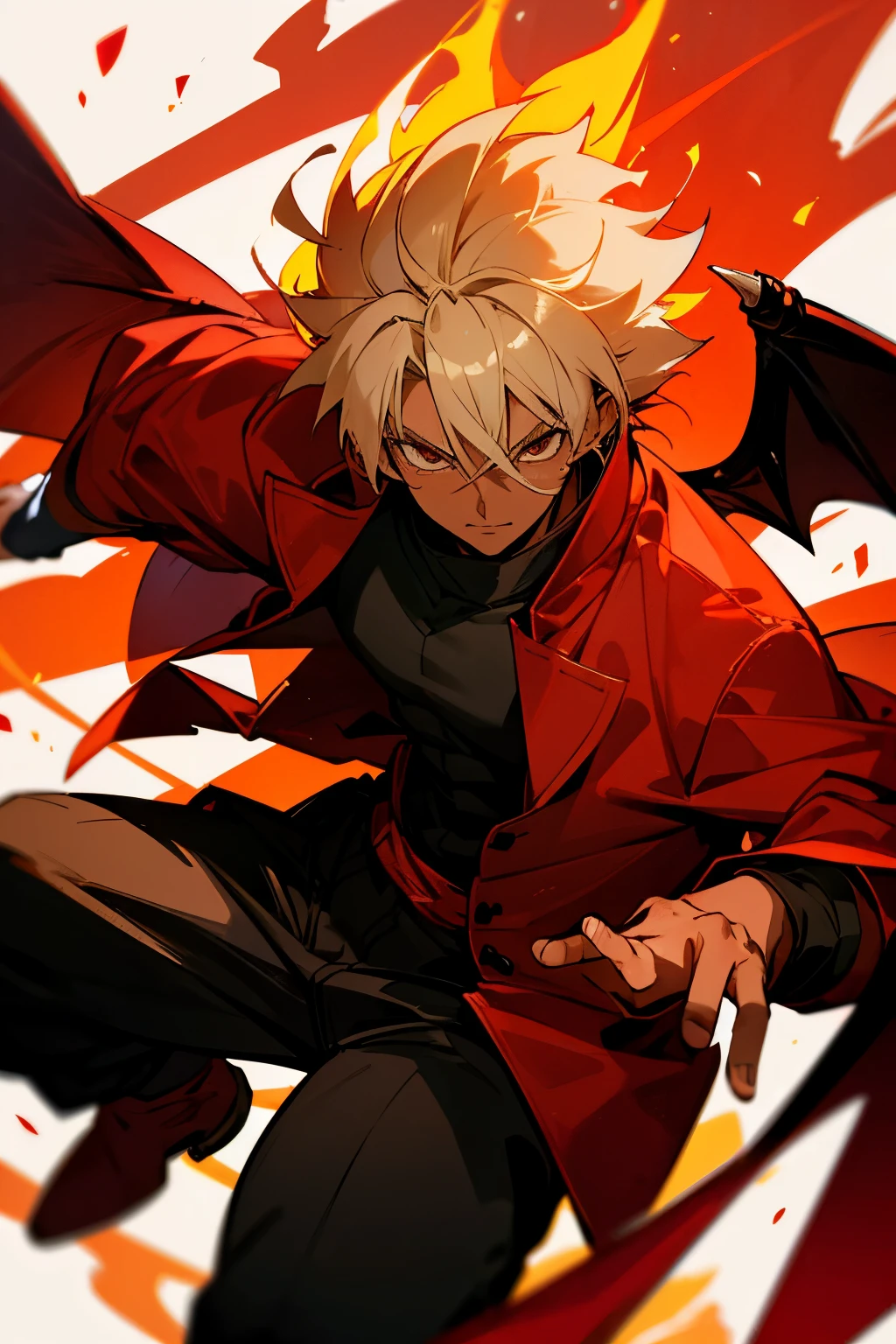 {anime boy}, {dark skin}, brown skin, muscular, blonde hair, {very spiky hair}, {fantasy outfit}, red coat, black shirt, {red baggy pants}, dragon horns, dragon wings, fire, fire powers, swordsman, {shonen protagonist}