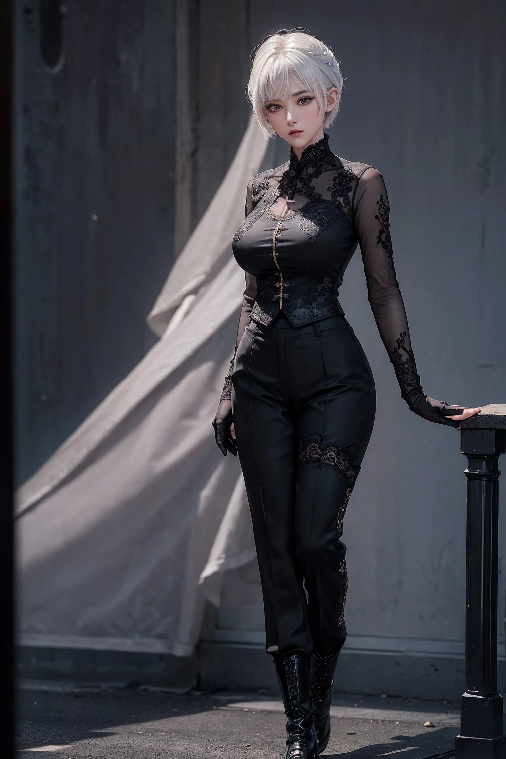((1 Full body single woman)) ,(Shooting from front and middle), looking at the camera, centered image, tmasterpiece,A high resolution, Absolutely beautiful, facing to the camera, Tall and fit body,(big breast : 1.3), white short hair with updo, (full coverage black lace uniform, Embroidery uniform, decorated uniform and pants, Exquisite details of the uniform and pants, black lace stockings, warrior, black gloves, show black boots, (lace) uniform, allure:white hair, short hair (hair behind the body), young adult,(Tall:1.5),Rich scene detail,In the midst of the war,standing.