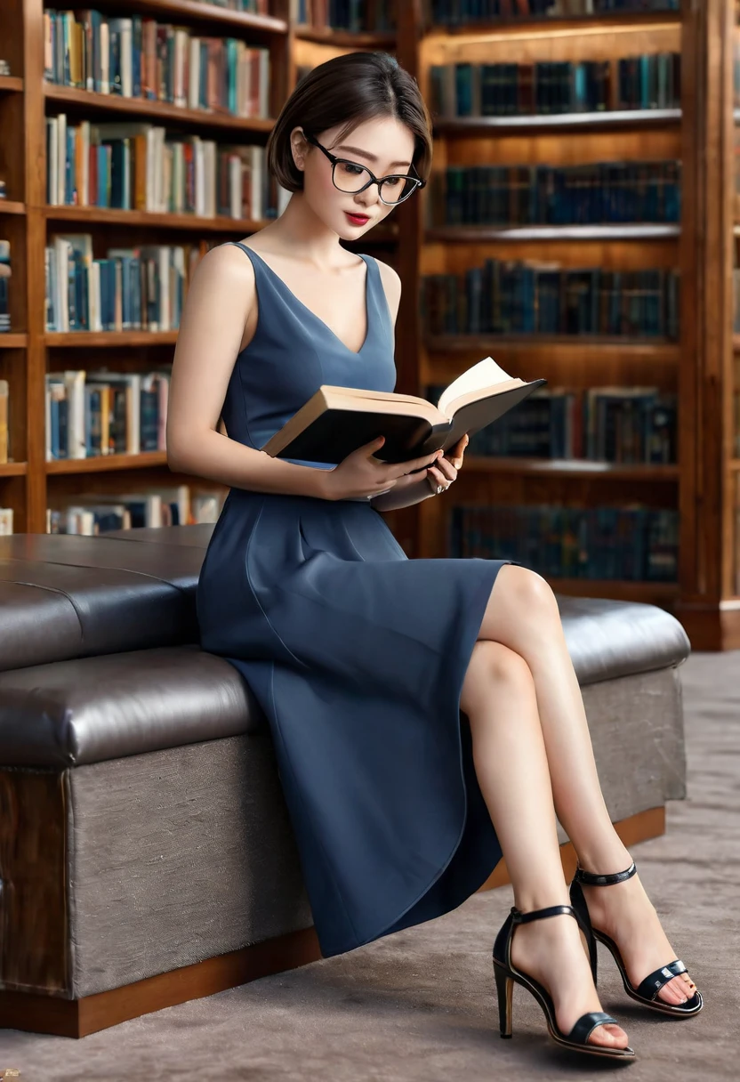 (high quality) beautiful girl, short hair, glasses, reading a book, (face details:1.4), looking at the audience, (full screen:1.2), Lower Lip Thicker than Upper Lip, ((masterpiece)), smooth skin, (face details:1.4), best clothes (simple), long skirt, (full body: 1.1, from head to toe), slim sandals,luxury library background, ((realistic, realistic: 1.30))