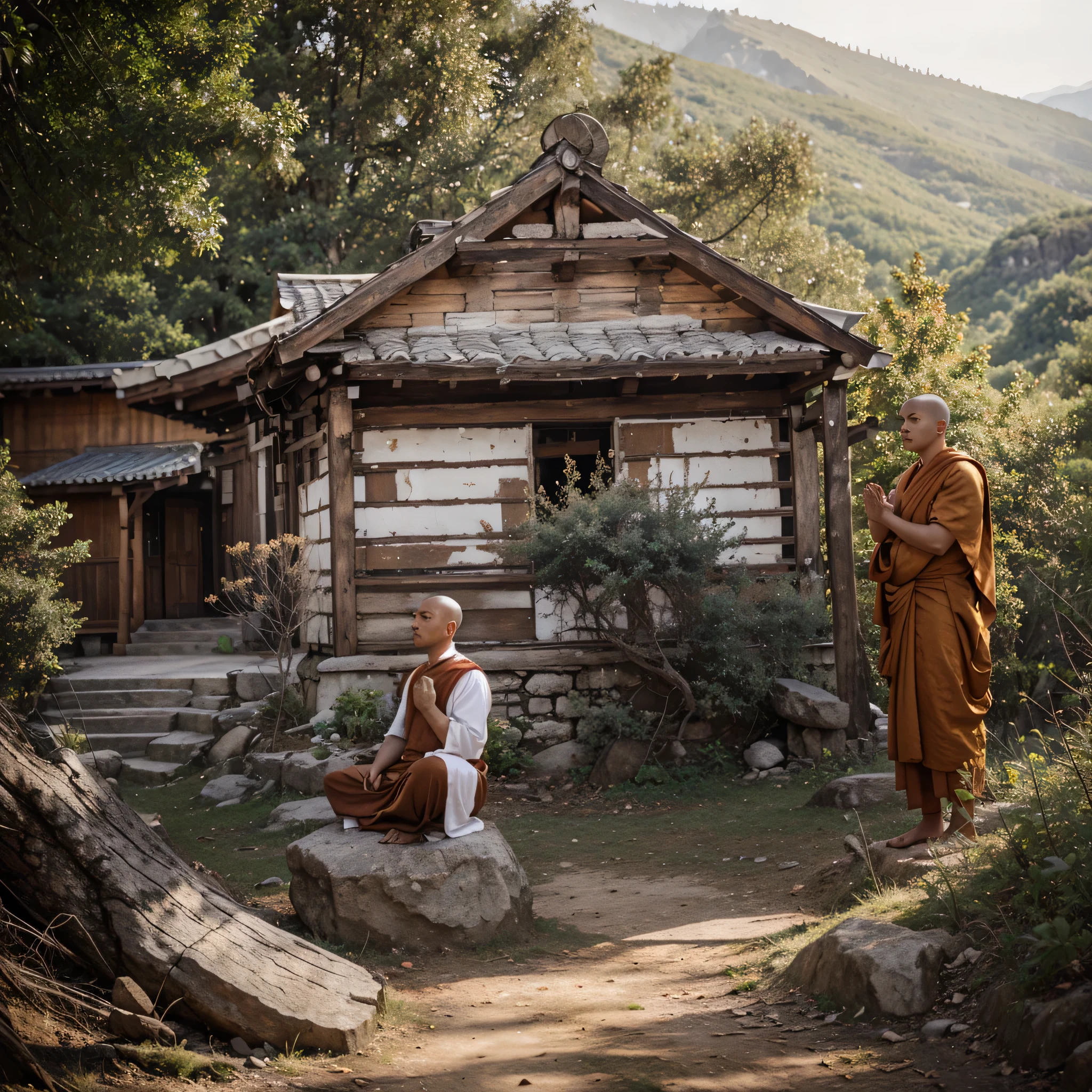 make a 4k resolution photo of a monk who is meditating and background is mountainous and forests