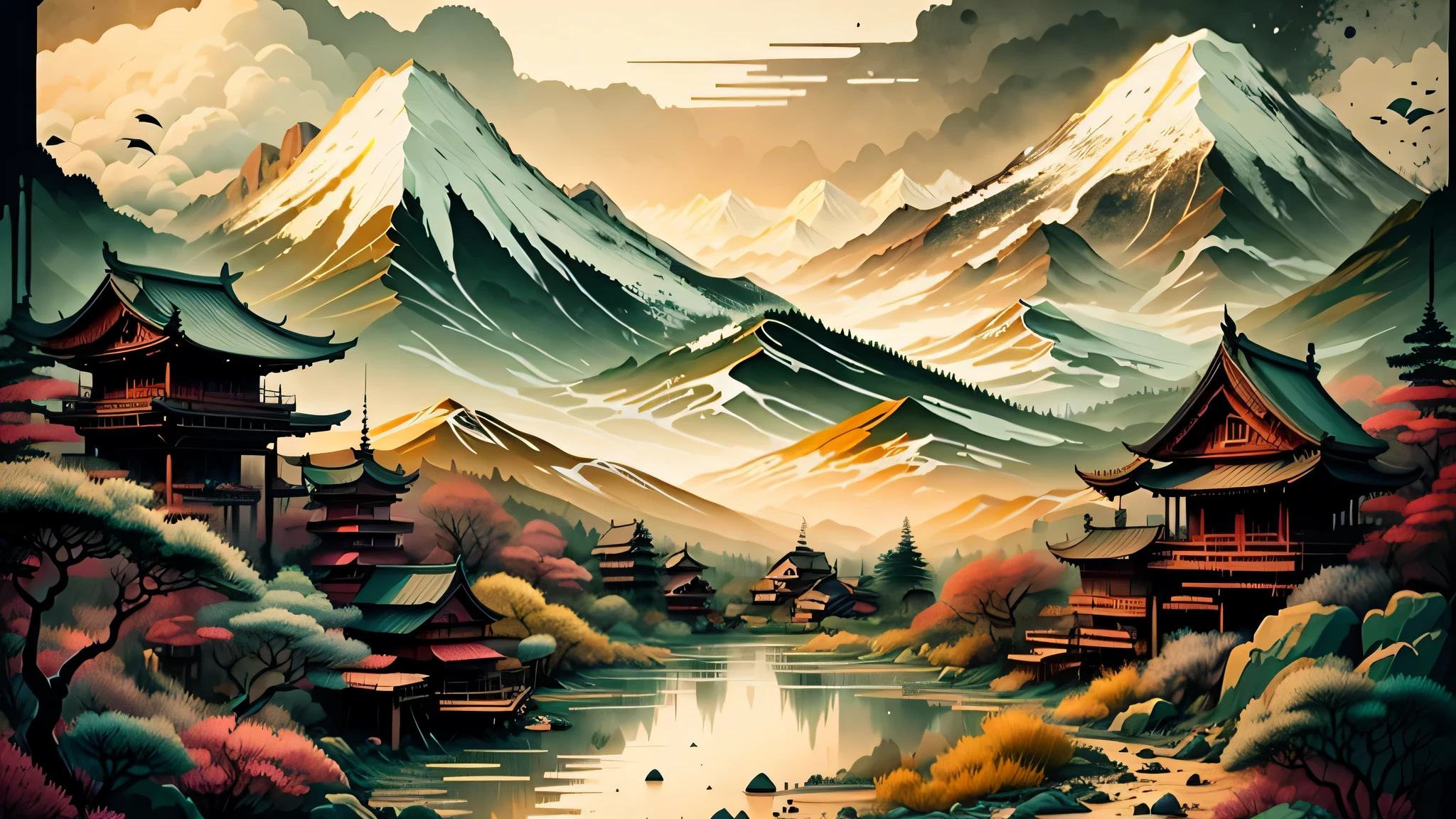 (Masterpiece, best quality: 1.2), (No_Humans), mountains in the distance, traditional Chinese ink painting, houses, tombstones, meadows