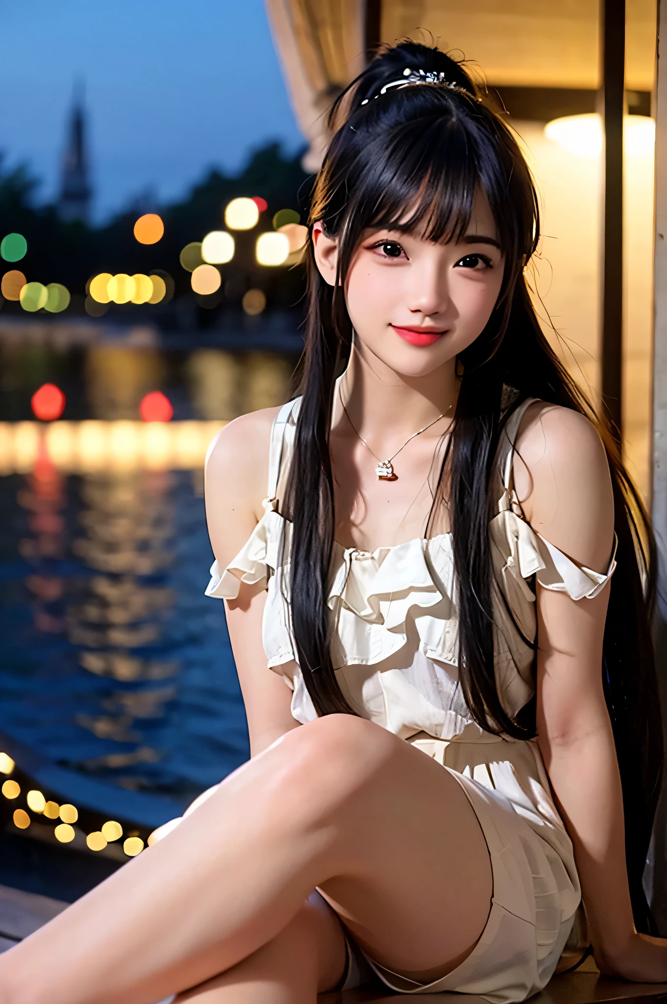 masterpiece,highest quality,Small face,Natural smile,Looking up,Beautiful Face,Exposed shoulders,Foot exposure,Black Hair,Slim figure,Brown eyes,Crisp contrast,Exquisite illustrations,Fantastic night view,river view,High Contrast,Dazzling Light,Ponytail Hair,Black outfit,Sexy stylish outfit,Enchanted Witch,Beautiful ponytail,photograph,High resolution,4K,8k,Bokeh,