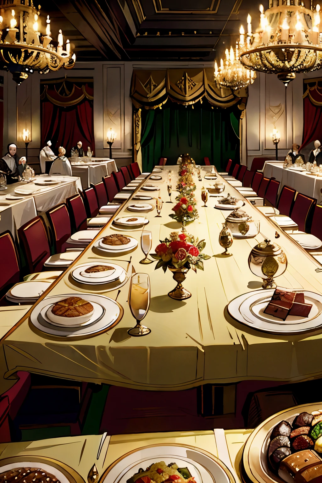 An image of King Henry VIII's grand court: A sea of opulence and excess, with long tables laden with lavish feasts, sparkling silverware, and richly decorated plates. The air is thick with the aroma of exotic spices and succulent meats. The background is adorned with tapestries and velvet drapes, casting a warm, rich glow over the scene. The king himself, dressed in his finest robes, sits at the head of the table, a satisfied smile playing on his lips.
Yet beneath the surface of this opulent display lies a darker reality. The suffering of the people, the struggling peasants, and the impoverished towns, are