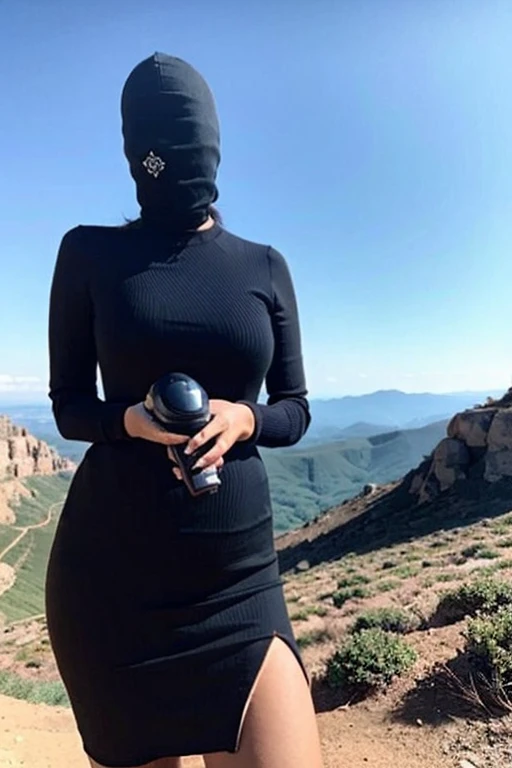 woman in a black outfit and a mask realistic (realistic:1.3) , finely detailed, quality, (masterpiece:1.2) , (photorealistic:1.2) , (best quality) , (intricate details) , ray tracing, dramatic, cute girl, As the intrepid traveler navigated the winding mountain trails, she marveled at the breathtaking views of the valleys below.