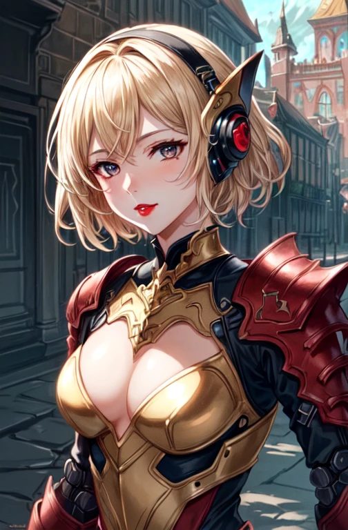 (masterpiece, best quality,hd,ultra hd,detailed,hdr,8k), 1women, adult, female focus, solo, short blonde hair, vibrant black eyes, looking at viewer, red lips and mouth, emo, Fantasy aesthetics, Highly detailed, shadowverse style, wearing robo suit armor with gold and pink color