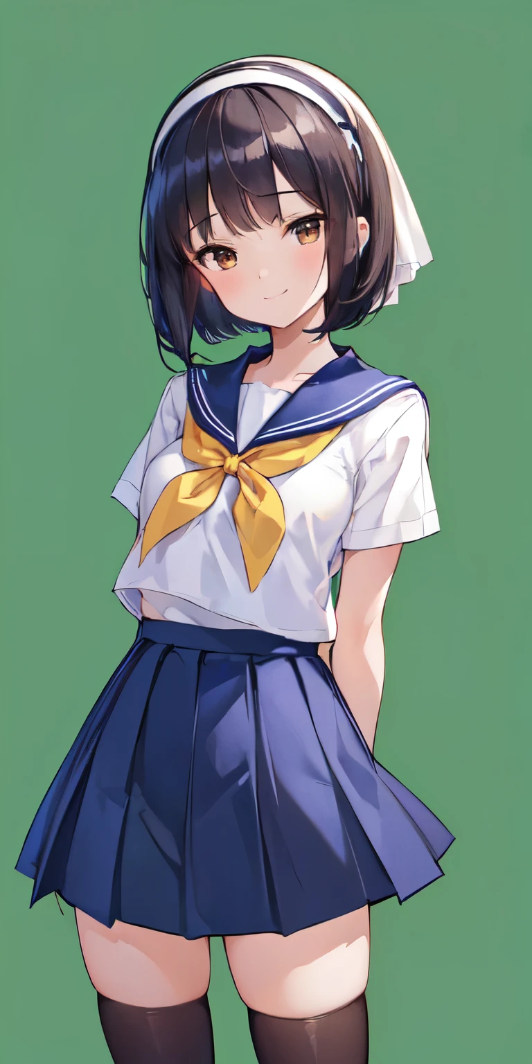 ((Highly detailed 8k illustration)), High resolution, (Very detailed and beautiful), Highly detailed painting, Professional illustrations, Ultra-precise depiction, Ultra-detailed depiction, (beautifully、aesthetic:1.2), High resolution, (Depth of written boundary:1.3), Professional illustrations, (), (Dark blue Sailor Suit), (Dark blue Skirt), Traditional sailor uniform, (Very exquisite beautiful face and brown eyes, Black Hair:1.3), (Bobcut), ((White headband)), Small stature, (Standing), (arms behind back), zettai ryouiki, (Small breasts), cute, ((smile)), (Solid green background:1,5)