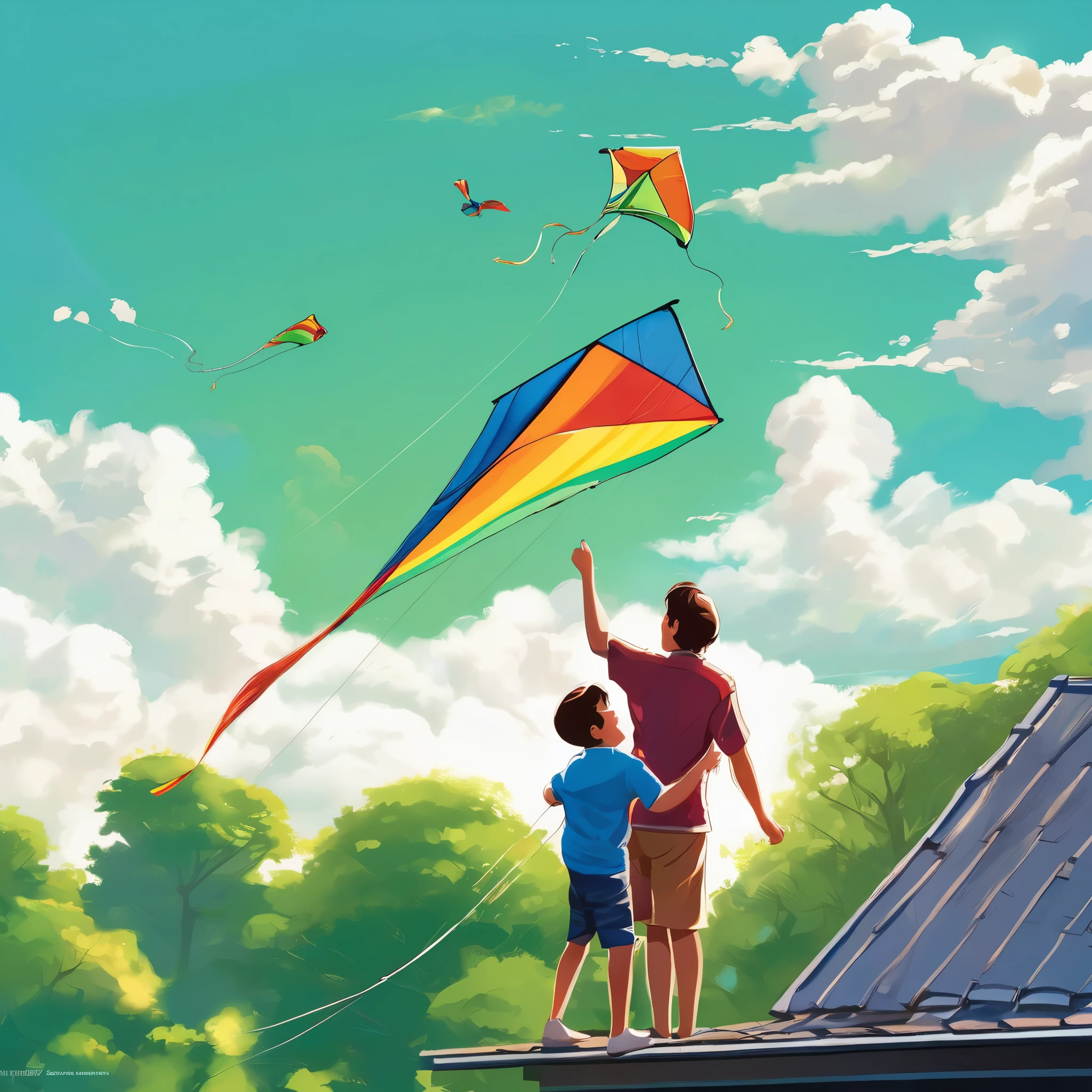 a father and young son,flying a kite,standing on the roof of their house,beautiful sunny day,green garden below,gentle breeze,joyful expressions on their faces,vibrant colors,realistic lighting,high resolution,strong bond between father and son,happy childhood memories,rooftop view of the neighborhood,fluffy white clouds in the sky,playful movements,carefree atmosphere,striking composition,intense blue sky,surrounded by tall trees,peaceful surroundings,excitement in the air,wind blowing through their hair,perfectly shaped kite,laughing and shouting with delight,seamless connection between father and son,adventurous spirit,bright and cheerful atmosphere,endless possibilities in the open sky,memorable family moment,deep connection with nature,awe-inspiring sight of the soaring kite,captivating perspective.