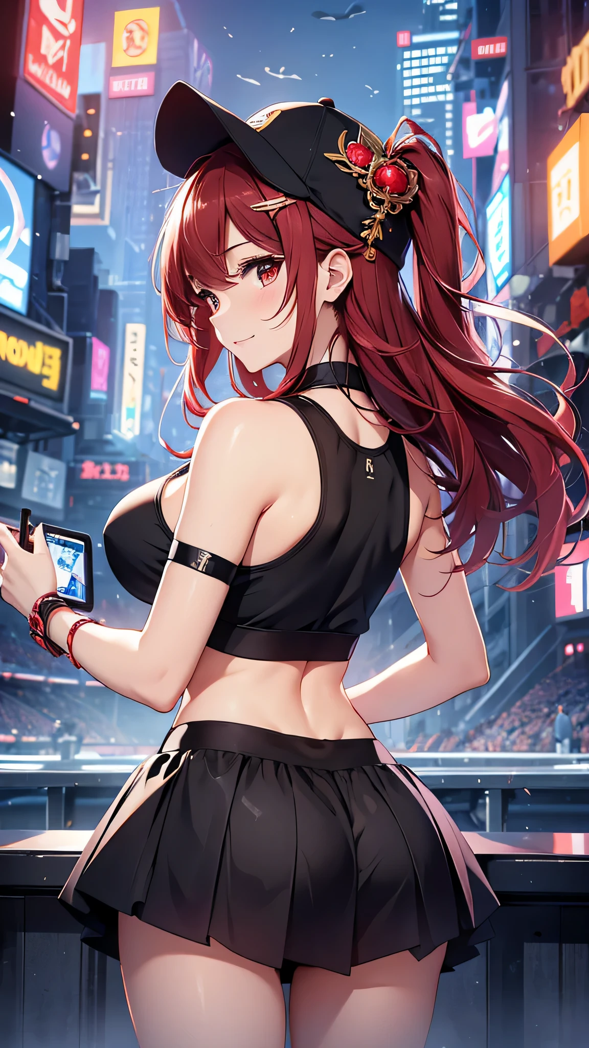 最high quality、Best image quality、masterpiece、girl((20-year-old、 By becoming、Best Bust、Medium Bust,Wide open breast tea、red glowing eyes, Black and red hair、Disheveled Hair、Long Hair、thin,The highest valley、White tank top、Red short skirt、Open chest、White wristband、smile、Leaning forward、hair ornaments、Angle from behind、Lointail、Looking at smartphone、Movement to go up the stage、Sports Cap)),high quality、Beautiful art、background((futuristic city、stage,Arena))、Flight、Flying debris、Written boundary depth、movie、Visual Arts、Perfect art、8K,Genuine、