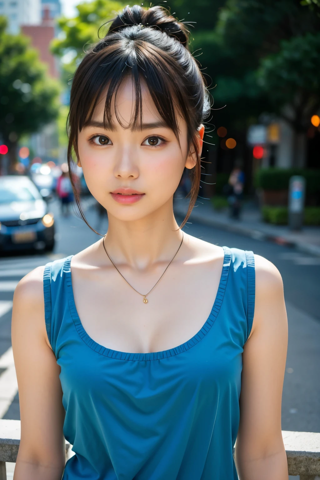 A beautiful Asian girl, with a bun skillfully assembled atop her head, adorned with a necklace that gracefully rested against her delicate collarbone, flashed a radiant smile towards the viewer. The gentle sunlight painted her features with a golden glow, while her attire consisted of tranquil blue clothes that further accentuated her ethereal beauty. The intricately detailed scene was captured in an 8K, top-quality, masterpiece, boasting lifelike vividness that was as captivating as the girl herself. With a serene expression and soft, shining skin, she stood in the foreground, the blurry cityscape serving as a tranquil backdrop to her rad