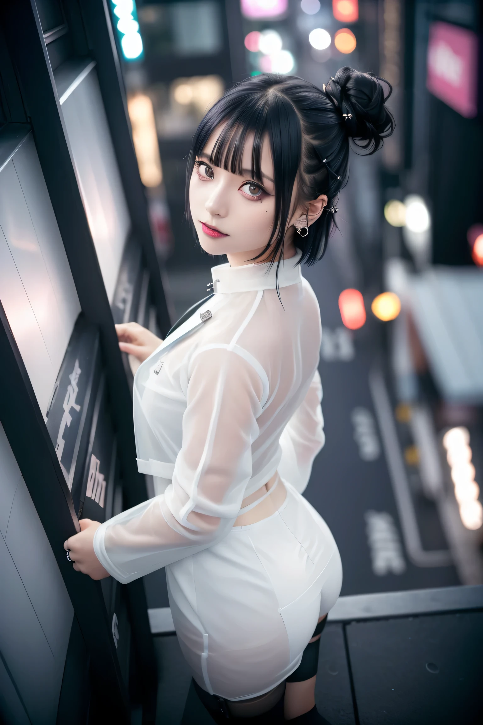 ((Building Rooftop: 1,3)), ((Goth_Punk, Alone, Medium Shot, Walking on Rooftop in Harajuku, ((Night)), Blur, Neon Light, Iridescent Eyes, Starry Sky, Glowing Black Hair, White Eyebrows, Shiny Hair, (Iridescent Black Hair), Earrings, Bun, Jewelry, Dull Bangs, Busy Eyes, Background Blur, Blur, Hair Adornment, Gaze, Short Hair, Portrait, Side Lock BREAK ((Swedish Girl, White Skin, White People)),((Women's Job Suit:1.3)), BREAK (Gal: 1. 1),(Glamour: 1. 3),(night),(supermodel: 1.3)),BREAK ((earrings, rings)), cowboy shot,((tall person)),((android)),((upward looking)),((top angle:1. 3)), from above, looking at camera,((event companion)),((thin see-through)) tight fitting underwear with straps))、Hip、Butt、Bend、