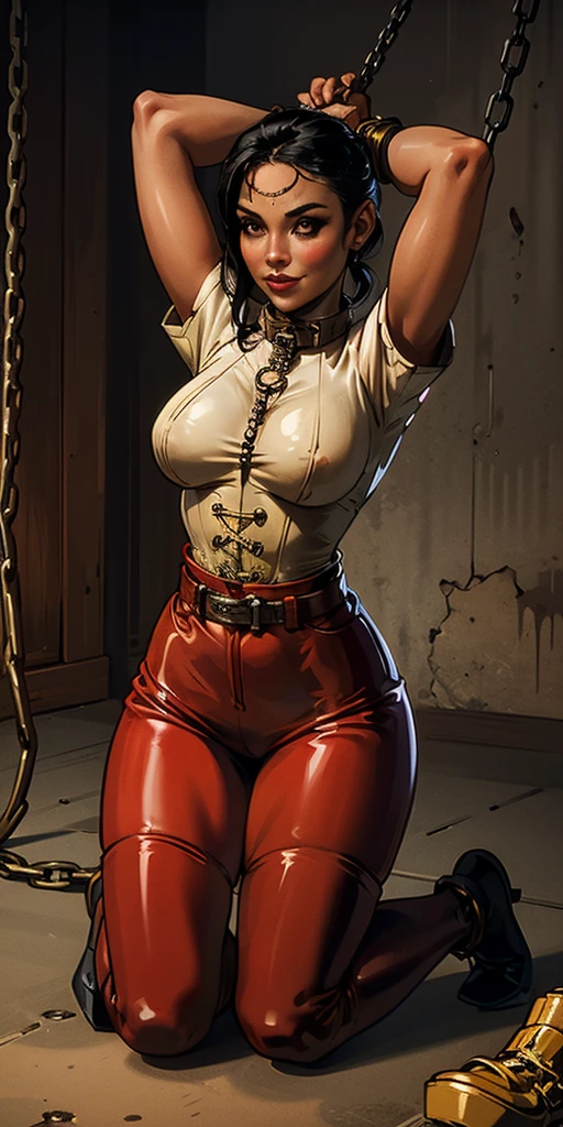 Latex girl lustful smirking smile red blush red cheeks, chain leash, hands behind the head, kneeling, shackles, leather black collar slave, pigtail hair