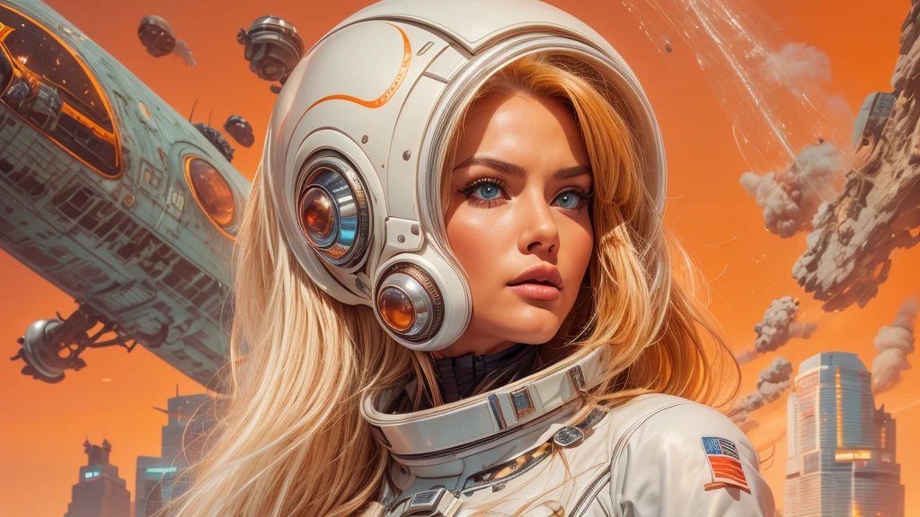 arafed image of a white woman in a futuristic suit with a spaceship in the background, movie art, in front of an orange background, inspired by Robert McGinnis, female protagonist, megastructure in the background, portrait of an ai astronaut, astronauts, an astronaut, portrait of a astronaut skeletor, perfect android girl, detailed eyes, perfectly detailed teeth, frank franzzeta and sakimichan  