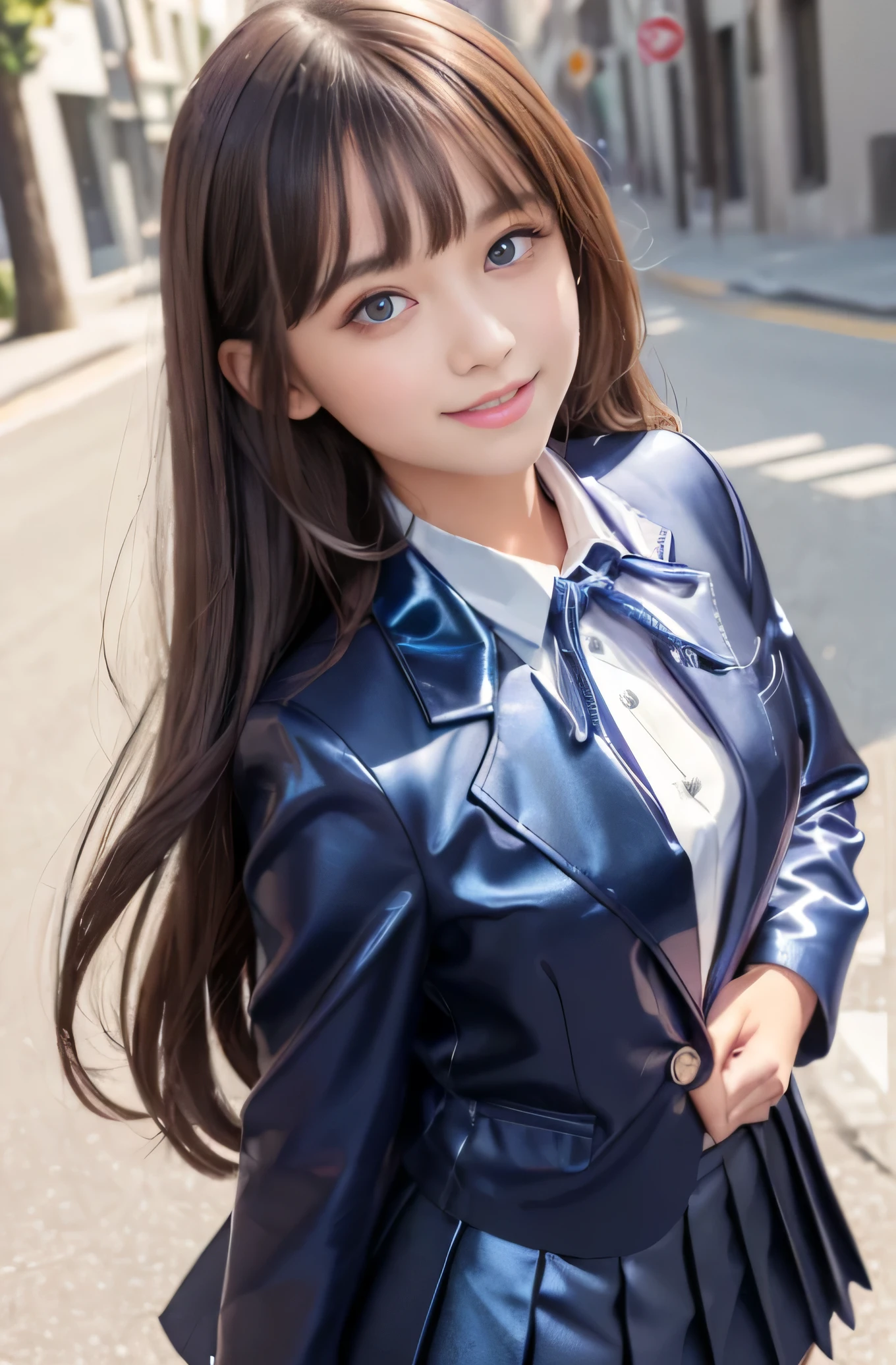 Angelic Very beautiful cute girl,,
Beautiful detailed eyes,
Detailed double eyelids,
(Large eyes:1.4),
Long straight brown hair,
see-through bangs,
Sharp Focus,small straight nose,
beautiful detailed face and eyes,
drooping eyes,
(Soft Saturation: 1.3), (Fair skin: 1.2),BREAK (super shiny metallic dark blue blazer:1.3),(metallic pearl white school blouse),(shiny metallic bright pink neck ribbon tie:1.2),(super shiny metallic dark blue pleated skirt :1.5),(school uniform with super reflective surfaces:1.5),Walking,
Costume lighting,
In the street ,
(Brown hair:1.3),break (smile:1.5)