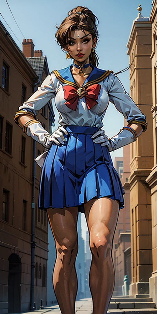 best quality, (masterpiece:1.2), highly detailed, standing, outdoors, building, school, FEMALE hand on hips 1girl, solo, standing, looking at the viewer, smile, sign to viewer brown hair, ponytail, brown eyes, scrunchie, (sailor senshi uniform), circlet, jewelry, earrings, choker, red bow, white gloves, elbow gloves, blue skirt