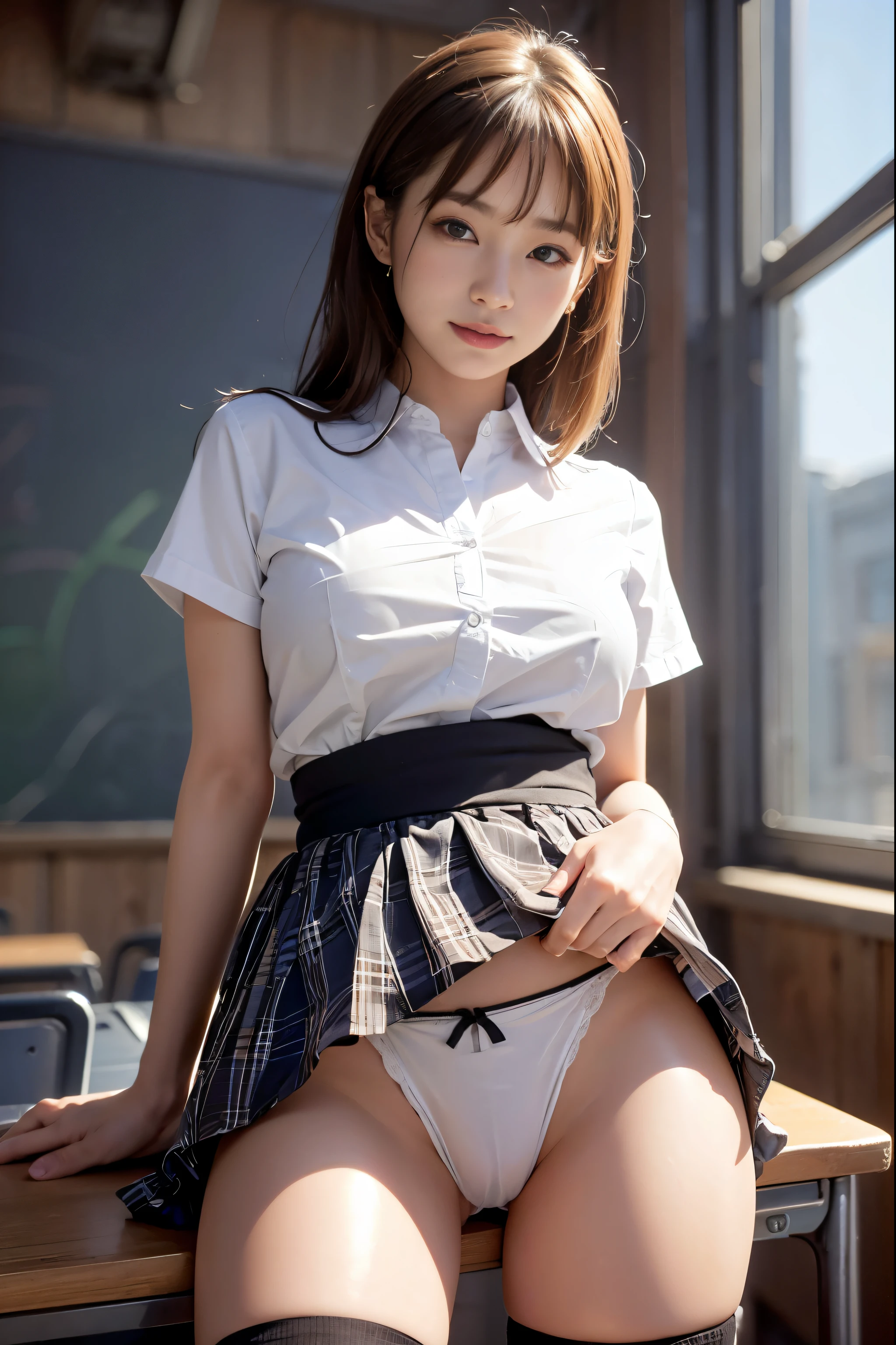 (reality: 1.4),highest quality, masterpiece, high detail, 16K quality, beautiful, 1 beautiful girl,japanese,super beautiful face,baby face,japanese idol face,cute face,super detailed face,detailed hand,beautiful skin,oily skin,big eyes,profeccional lighting,medium hair,black hair,brown beautiful eyes, smile,big breasts, white shirt,open button,see-through nipples,(checked mini skirt),white panties,(showing panties),black high socks,spread legs, she is looking at the camera,classroom, nsfw,from directly below,standing,skirt lift,