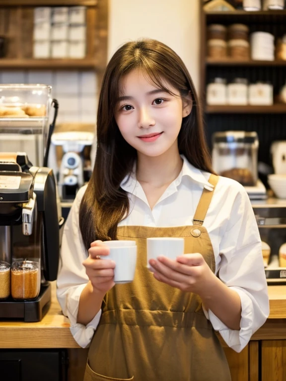best quality,Clear face,Ultra HD,a beauty,Beautiful girl born in the countryside,20 years old,Working in the city,coffee shop clerk,Coffee shop service,A panicked expression,Spilled coffee