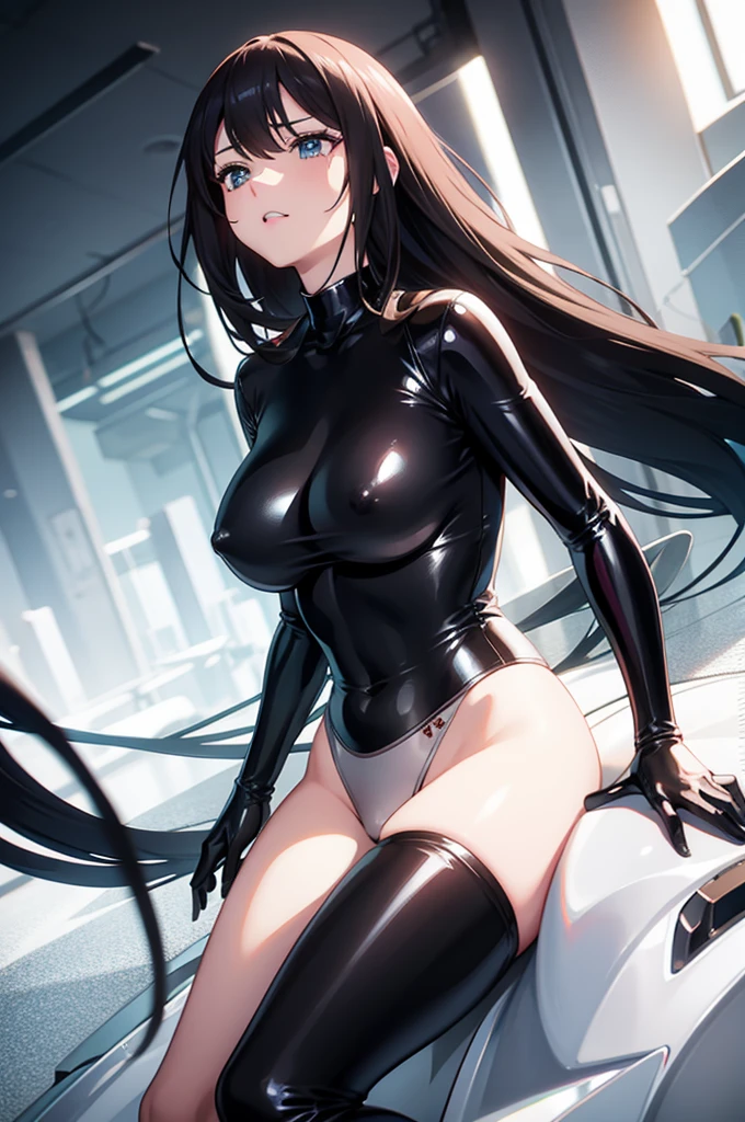 Front view,8k,best quality,1 girl,Black latex suit,charm,Big breasts,Hips/,Beautiful curves,Reveal the outline of the nipple,Sitting astride,turtle shell binding,Eye mask,cover eyes,Plug,Tears,look up,crotch tattoo,Squint your eyes slightly,Animation Style
