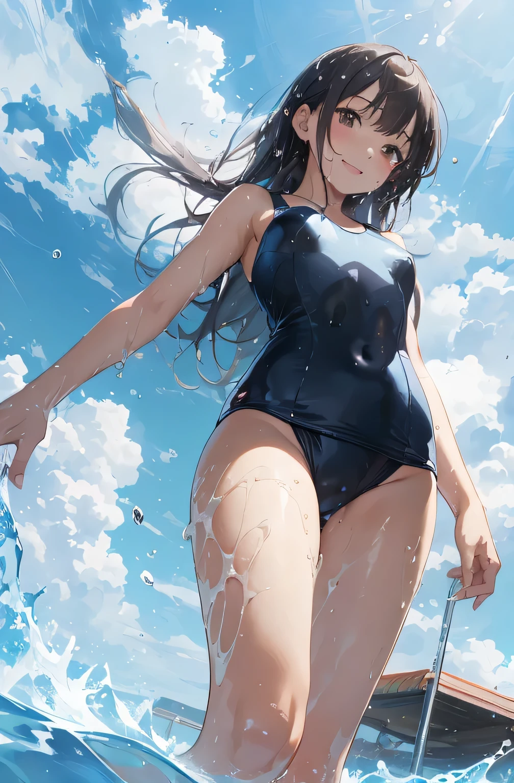 (masterpiece:1.2), (best quality:1.2), ultra-detailed illustration,beautiful artwork,(Extreme Detail CG Unity 8K wallpaper、masterpiece、top-quality)、(exquisite lighting and shadow、highly dramatic picture、cinematic lens effects)、a age girl is swimming suit, 1girl, (school swimsuit:1.3), solo, one-piece swimsuit, outdoors, long hair, wet, sun, looking at viewer, wading, breasts, covered navel, sky, water, black hair, (big smile:1.1), brown eyes, competition swimsuit, day, small breasts, bangs, sunlight, visible through thighs, blue one-piece swimsuit,(wet),(water splash),contrapposto,dutch angle,(straggling hair), Dramatic Horizon,Radiant sunshine,(hime cut:1.2),(leg up:1.2),swimsuit are wet,(from behind),(walking on water),(sweat),