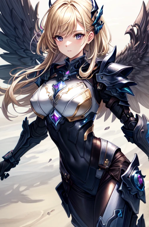 (masterpiece, best quality,hd,ultra hd,detailed,hdr,8k), 1women, adult, female focus, solo, medium blonde hair, vibrant black eyes, looking at viewer,huge chest, closed mouth, emo, princess Fantasy aesthetics, Highly detailed, shadowverse style, wearing robo suit armor with gold and pink color