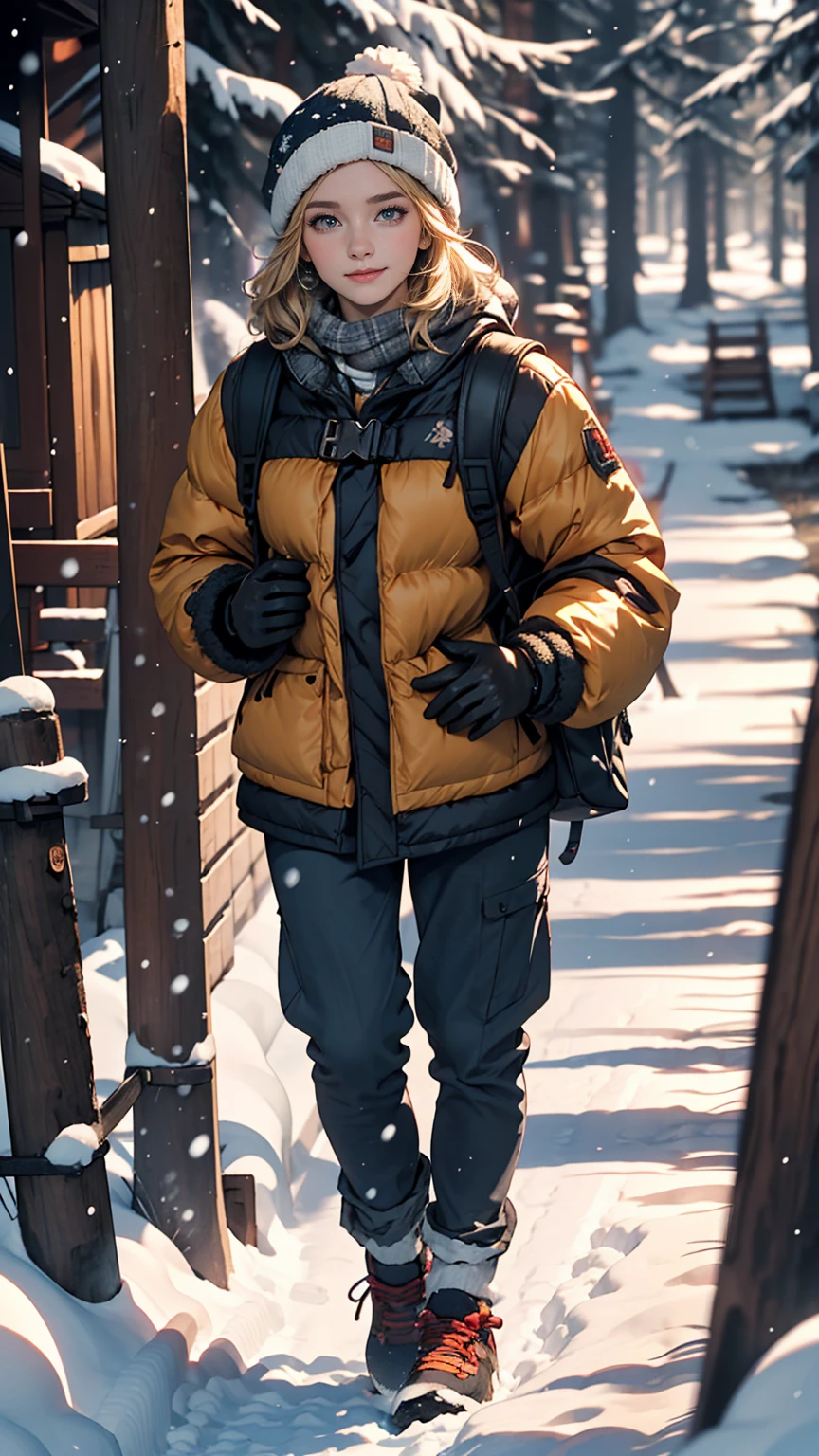 ((最high quality, 8K, masterpiece: 1.3, Ultra HD, high quality, 最high quality, High resolution, realism)) 、A 22-year-old extremely beautiful white woman、Hair color blonde、blue eyeedium Hair、Straight Hair、smile、Slender but well-proportioned body、Background blur((depth of field))、aerial perspective((atmospheric perspective))、I want my head to stay off screen、In snowy mountain forests、Wear suitable winter clothing for hiking、Wear winter trousers、Wear winter shoes、Carry a big backpack、Walking through the snow、Wear a knitted hat、Wear cold weather gloves、Lots of snow、Pitch a tent and stay overnight