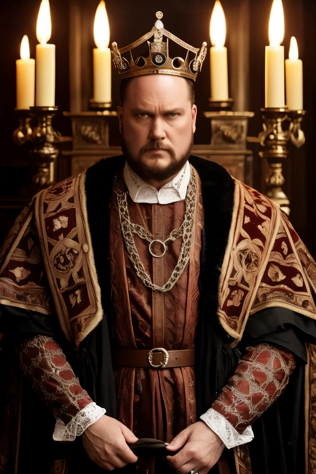 A hauntingly realistic portrayal of King Henry VIII presiding over executions with a solemn and somber atmosphere. The condemned individuals, clad in rough and tattered garments, stand before him, faces etched with despair and acceptance of their impending fate. The king's expression is stern and unyielding, his eyes reflecting the gravity of his decisions. The scene is illuminated by flickering torches, casting long shadows and adding to the overall sense of gloom and foreboding. This intricately detailed and cinematic masterpiece brings to life the darker side of Henry VIII's reign, utilizing rich, historically accurate textures and atmospheric lighting to