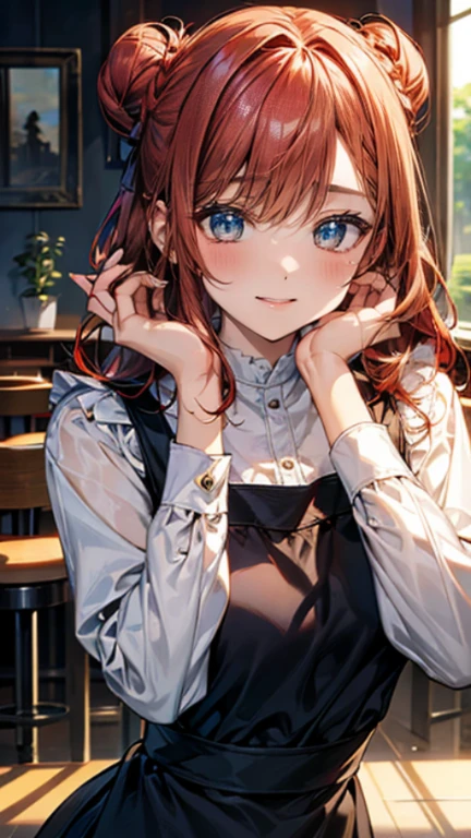 A breathtaking masterpiece、Filmed in stunning 8K resolution、This portrait is exquisitely painted.、that&#39;real.。The scene is bathed in HDR light...、that depicts a beautiful woman in the middle distance.、((Hair Bun:1.8、Straight hair、Redhead:1.4))、Medium chest、high school girl、(Cafe:1.4)、((blouse、Aprons are beautiful、With store logo、We welcome our customers with a bright smile。))、(Back arching pose)、Her hands were placed gently on her head、blush、She exudes an aura of grace and charm..