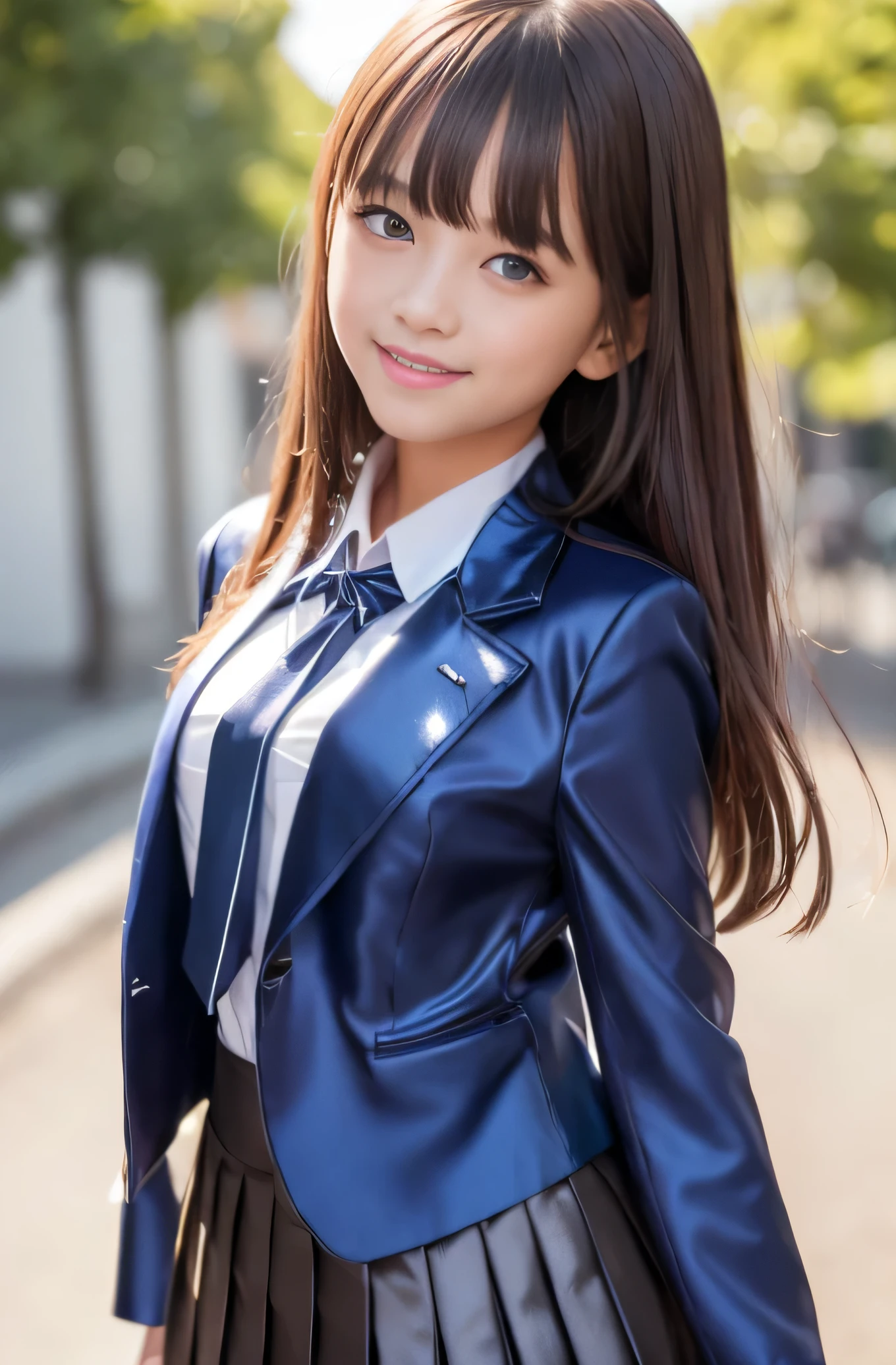 Angelic Very beautiful cute girl,11 yo,
Beautiful detailed eyes,
Detailed double eyelids,
(Large eyes:1.4),
Long straight brown hair,
see-through bangs,
Sharp Focus,small straight nose,
beautiful detailed face and eyes,
drooping eyes,
(Soft Saturation: 1.3), (Fair skin: 1.2),BREAK (super shiny metallic dark blue blazer:1.3),(metallic pearl white school blouse),(shiny metallic bright pink neck ribbon tie:1.2),(super shiny metallic dark blue pleated skirt :1.5),(school uniform with super reflective surfaces:1.5),Walking,
Costume lighting,
In the street ,
(Brown hair:1.3),break (smile:1.5)