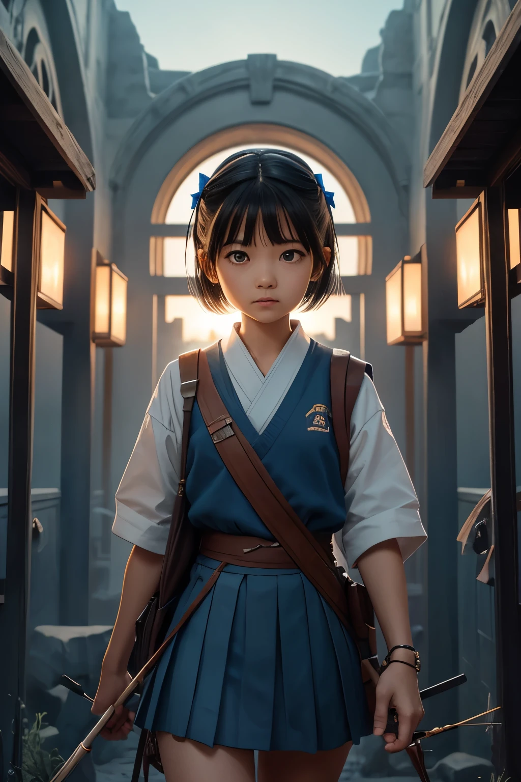 A small cute but frail anime girl holding a small hunting bow, quiver with arrows on her back, wearing a Japanese school girl uniform, white blouse short blue skirt blue sweater vest, and school insignia, short dark hair, big round brown eyes, standing at the gates of forever, girlwind chimes, tones of wind, chimes ringing in eternity, dark foreboding planet of sand and ash, hums and chimes with long lost civilizations ghosts, hollows wind, hollow, hallowed, strike the bell, peal the rhyme let lose the thunder on high, crack lightnings whip,digital artwork by Beksinski, traveler through refined beauty and color variation, a peek into the eternal,
