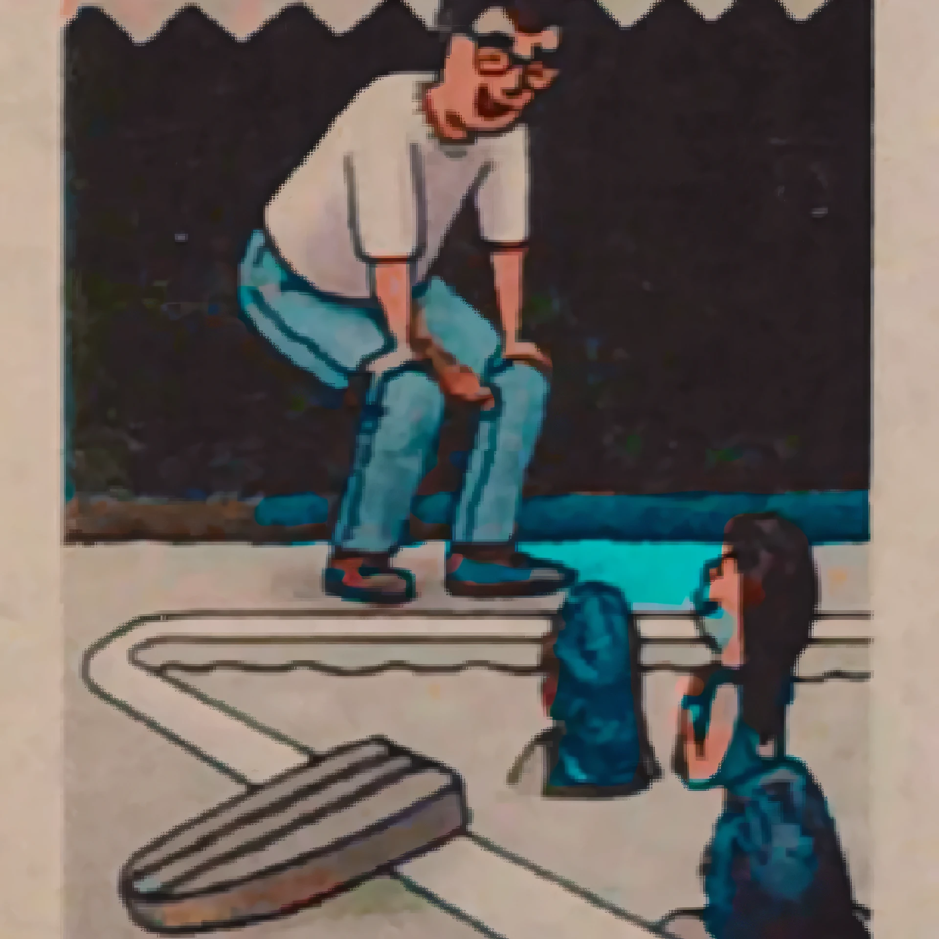 A man stands by the swimming pool and talks to a mother and daughter in the swimming pool，There was another woman in the swimming pool behind the mother and daughter.