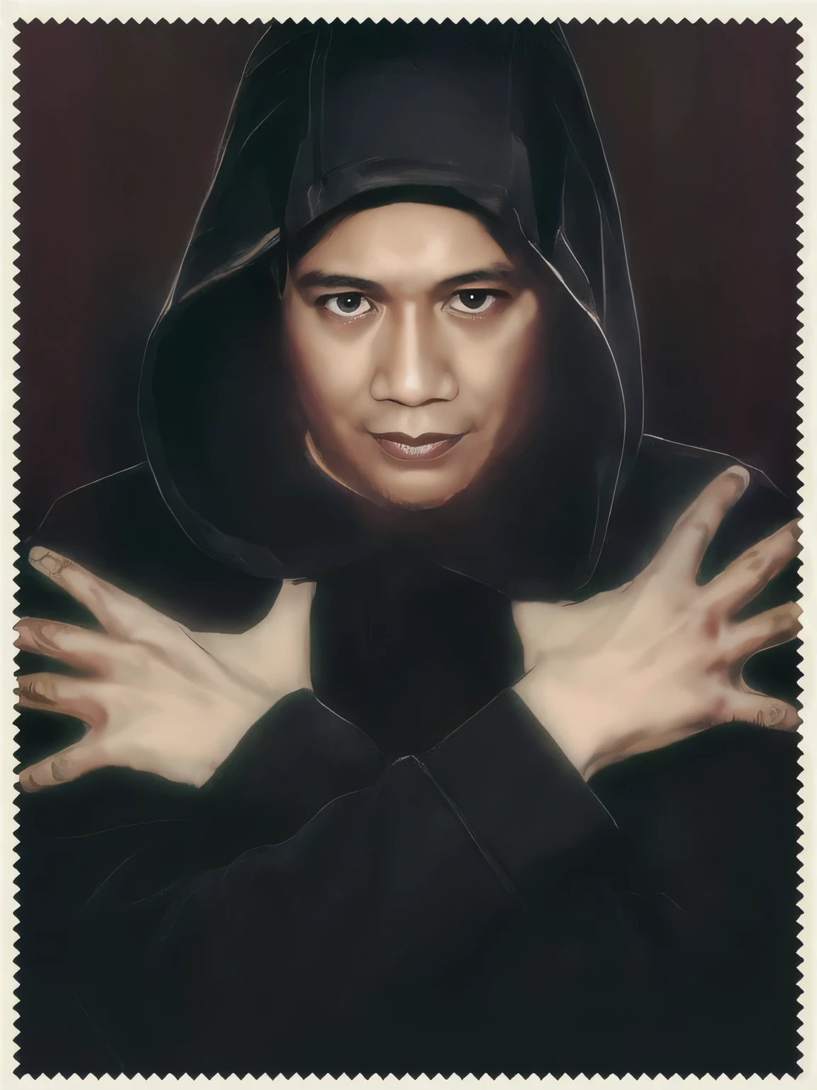 a close up of a person with a hood on holding their hands, inspired by Rudy Siswanto, inspired by Basuki Abdullah, inspired by Oka Yasutomo, inspired by Jason Teraoka, inspired by Ding Guanpeng, inspired by Jorge Jacinto, inspired by Yasutomo Oka, inspired by INO, official fanart, by Eddie Mendoza