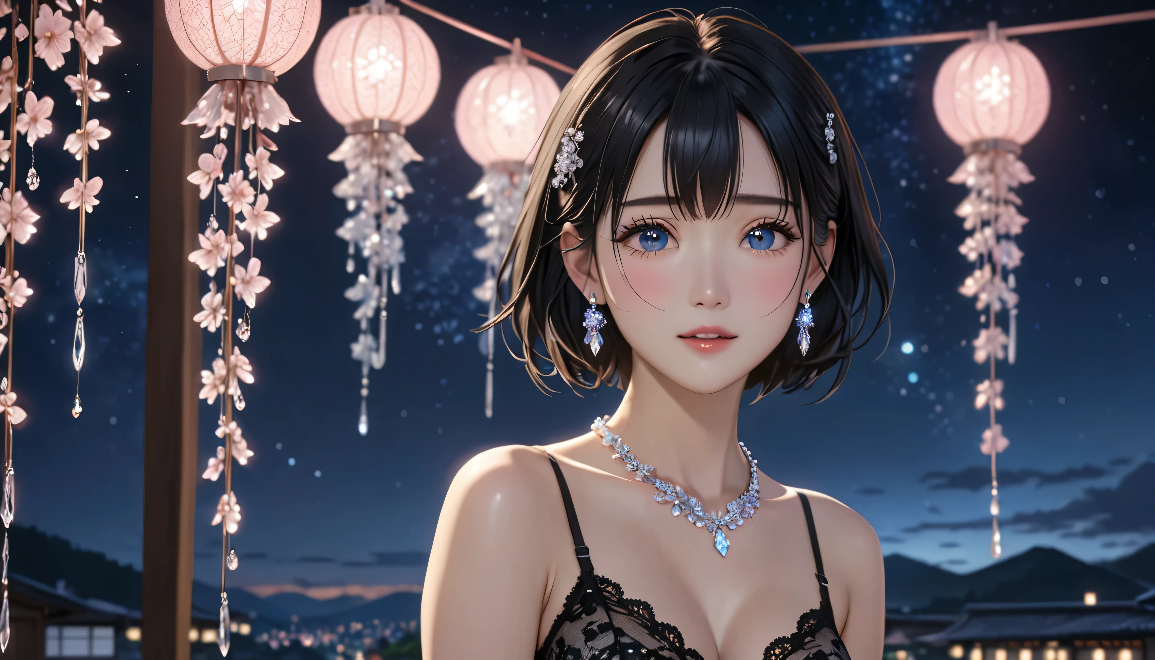National Science Foundation,masterpiece,High resolution,8K,Art,digit,Three-dimensional,Realism,Kyoto Animation Style,your name movie style,Facing the camera,night,midnight,Soft Light,Glowing skin,(1 female: 1.3),(alone: 1.4),(((Black hair))),(Gorgeous lace bra),Swarovski crystals on gorgeous lace bra,(crystal hairpin),(crystal necklace),(crystal earrings),Long eyelashes,slender legs,Short Bob,Close-up of upper body,(Catwalk show),Starry eyes,((spread arms)),(blush),(shy),(shy),(((cry))),(((shed tears))),(((feel sad)))
