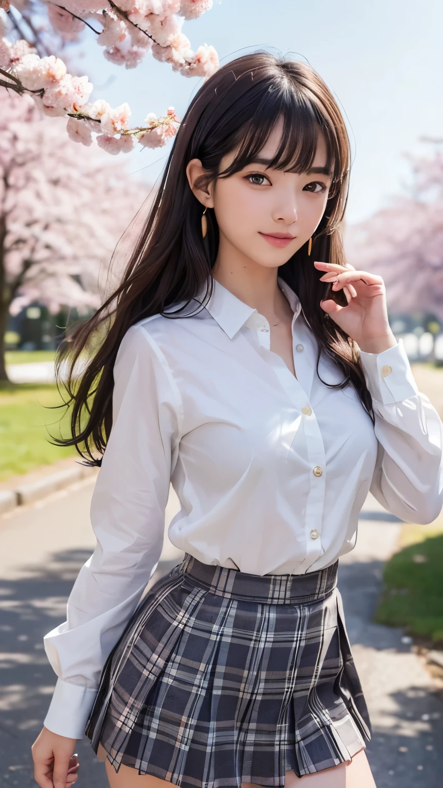 (8k, RAW Photos, highest quality, masterpiece: 1.2), (Very detailed), (Super Resolution), (Genuine, Genuine photos: 1.37)、(Portraiture), (High-quality RAW color photos)、 (Professional photos).( Very detailed and beautiful new),(Very detailed), (8k wallpaper),(Amazing details),(Large file size),(Official Art,),(Very detailed),(8k wallpaper), (Very detailed beautiful girls),(Very detailed facesHighly detailed eyes),(Very fine skin),(Very detailed fingers,),(Very small nose),(Very detailed detailed mouth),(Perfect Anatomy),(Detailed Background),(High Quality Clothing),(20-year-old),(cute girl), (Genuineistic body),(White skin),(Glowing Skin), (Blunt bangs: 1.2), (smile),(cute),(cute face),(Genuineistic face), (delicateな目),(Sagging eyes), (Plaid super mini skirt)、(White shirt)、(school uniform)、Earrings、Looking at the camera, Dynamic Lighting, G-cup breasts,Big Breasts、(Background of riverbed lined with cherry blossom trees)、(Dynamic Sexy Pose 1.2)、(The first and second buttons of the shirt are open)、(thin legs 1.2)、(delicate, Plump and moisturized lips)、