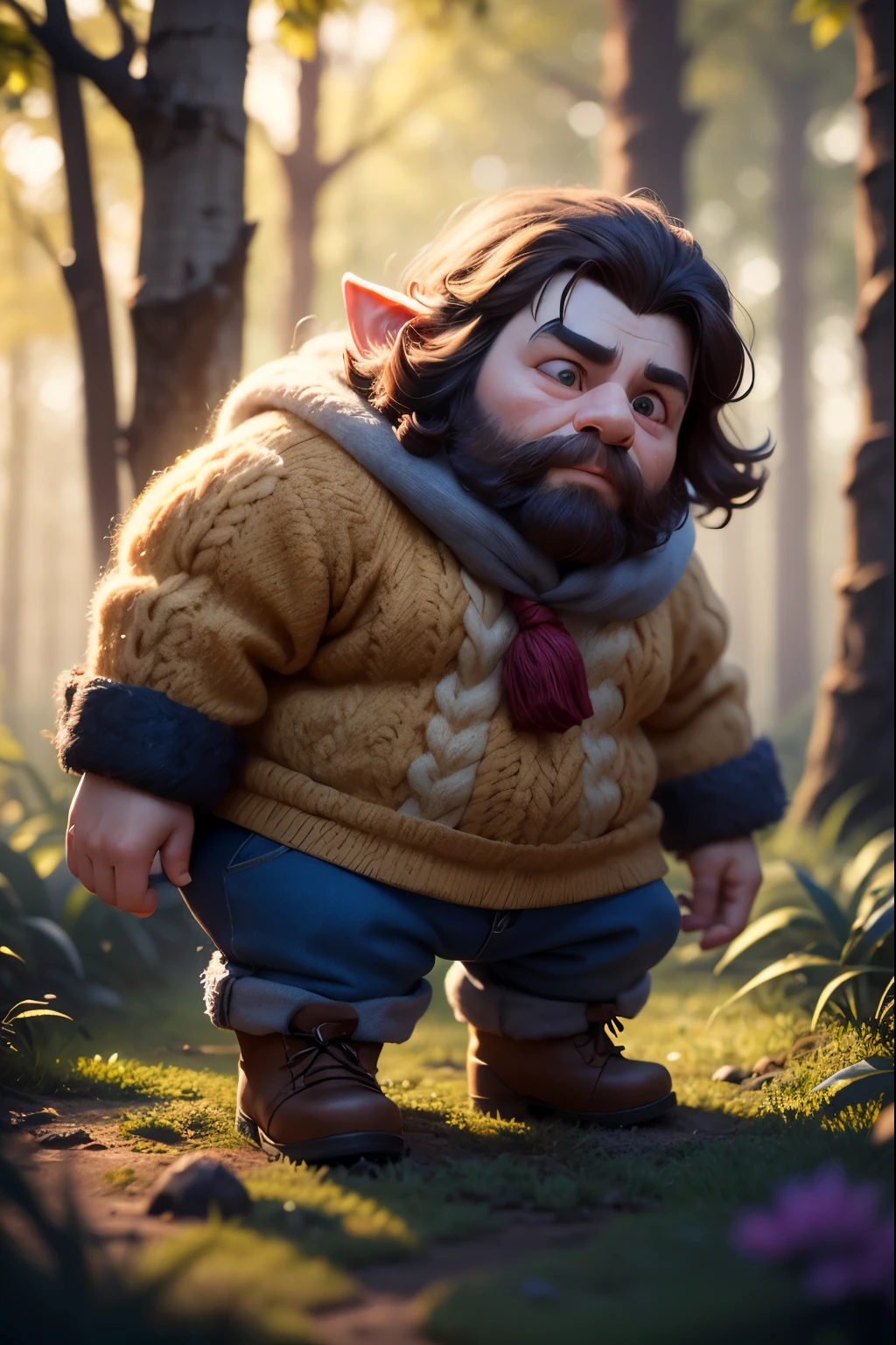 dwarf, wool texture, colorido, Pixar Animation Style, studio lighting, Set in a woolen forest with varying colors, altamente detalhada, UHD, shigh definition, 3D, realista, (corpo inteiro:1.4), dynamic lighting