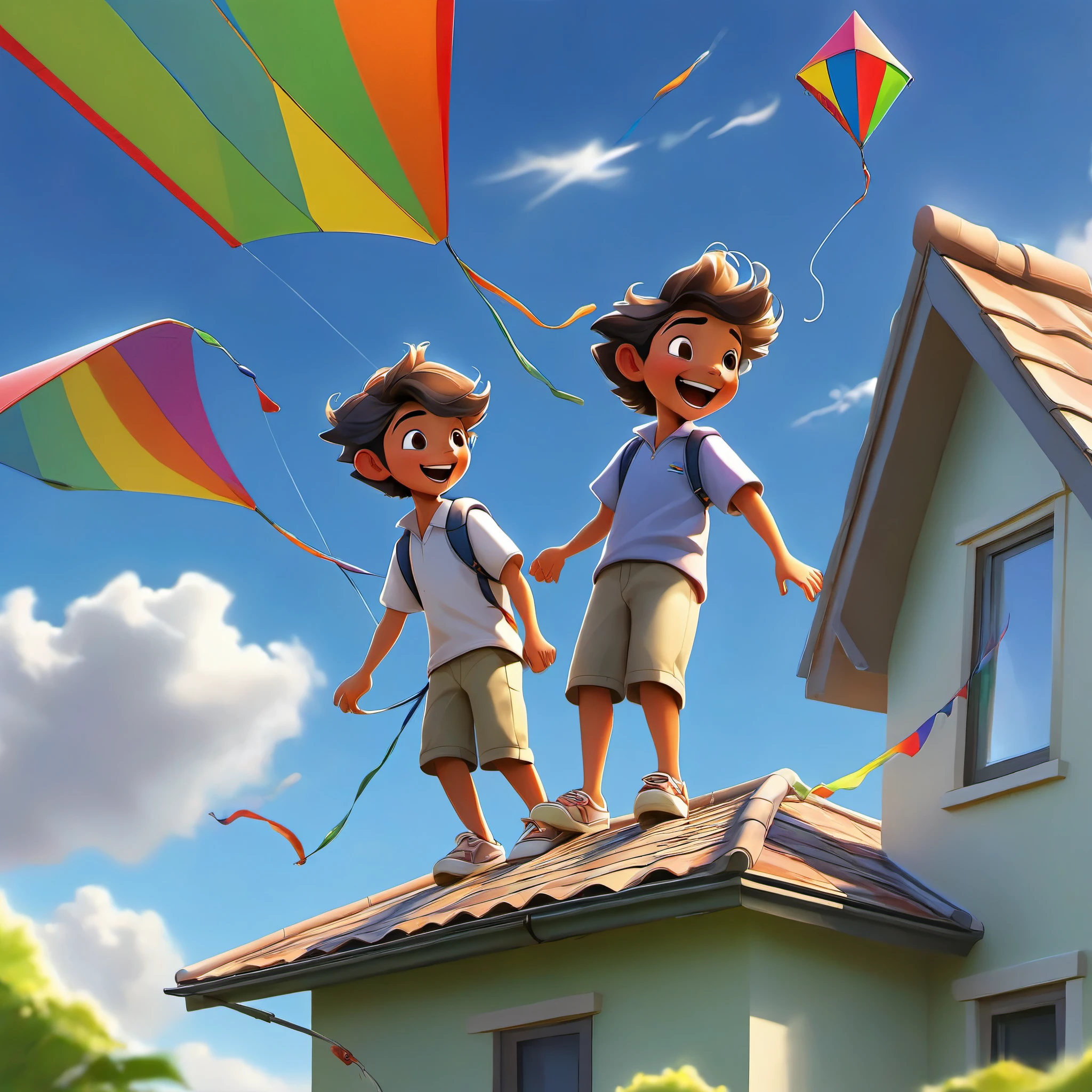 a father and young son,flying a kite,standing on the roof of their house,beautiful sunny day,green garden below,gentle breeze,joyful expressions on their faces,vibrant colors,realistic lighting,high resolution,strong bond between father and son,happy childhood memories,rooftop view of the neighborhood,fluffy white clouds in the sky,playful movements,carefree atmosphere,striking composition,intense blue sky,surrounded by tall trees,peaceful surroundings,excitement in the air,wind blowing through their hair,perfectly shaped kite,laughing and shouting with delight,seamless connection between father and son,adventurous spirit,bright and cheerful atmosphere,endless possibilities in the open sky,memorable family moment,deep connection with nature,awe-inspiring sight of the soaring kite,captivating perspective.