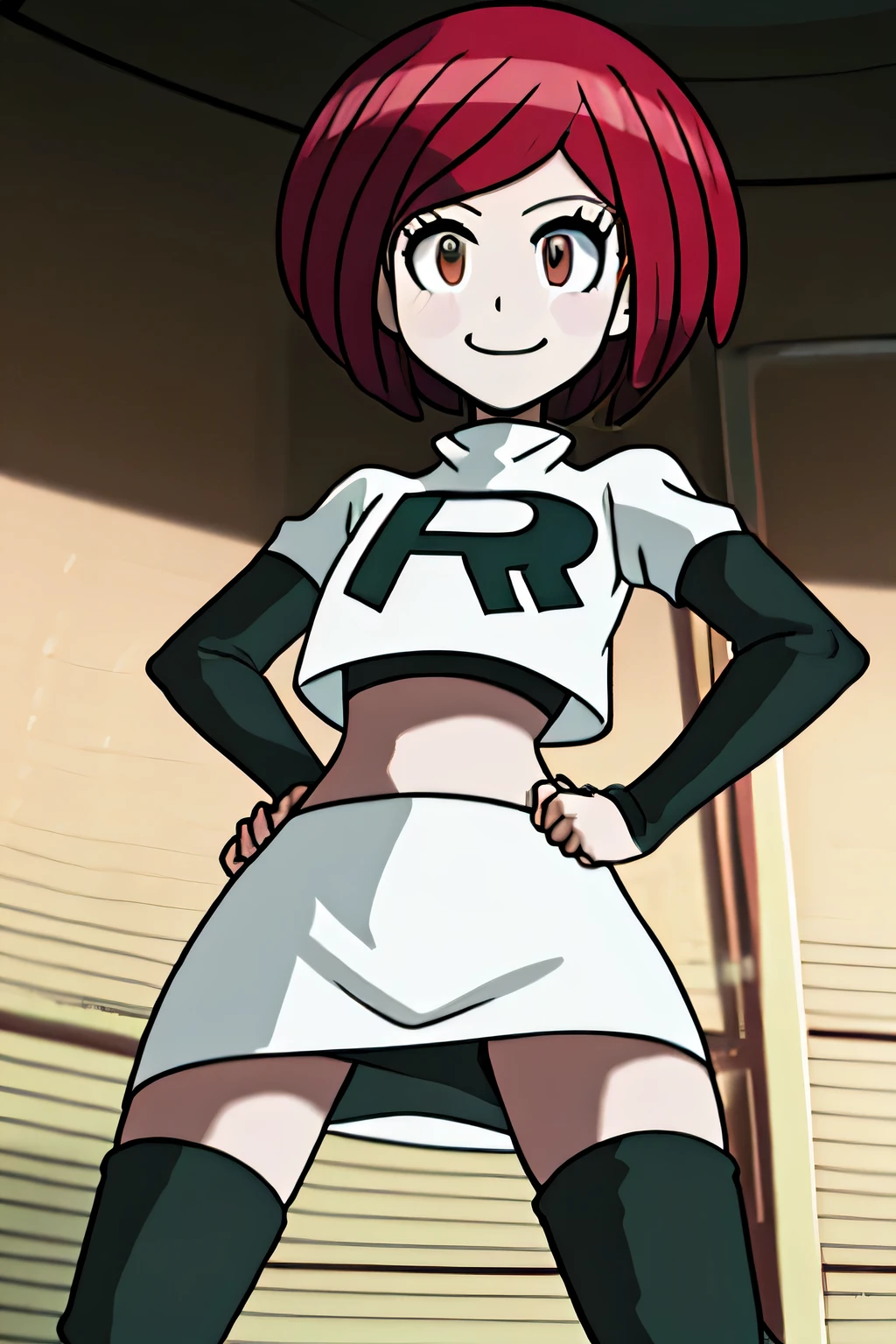 masterpiece,best quality,high res,high quality,8k, masterpiece,highres, team rocket uniform, red letter r, white skirt,white crop top,black thigh-high boots, black elbow gloves, evil smile, looking down at viewer, hands on hips, cowboy shot, zettai ryouiki,spread legs,from below, black panties,anime style, vivid colors, sharp focus, intense lighting,yumeno himiko, short hair, red hair, bangs, brown eyes, hair ornament,