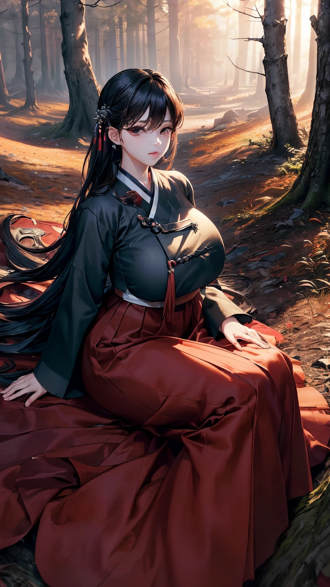 (best quality, 8K, masterpiece: 1.3), ((((((Incredibly huge breasts: 0.8))))), hairpin, (beautiful face:1.3), Dark Forest, chill, old tree,authentic hanbok, Red skirt, dark background, dark at night