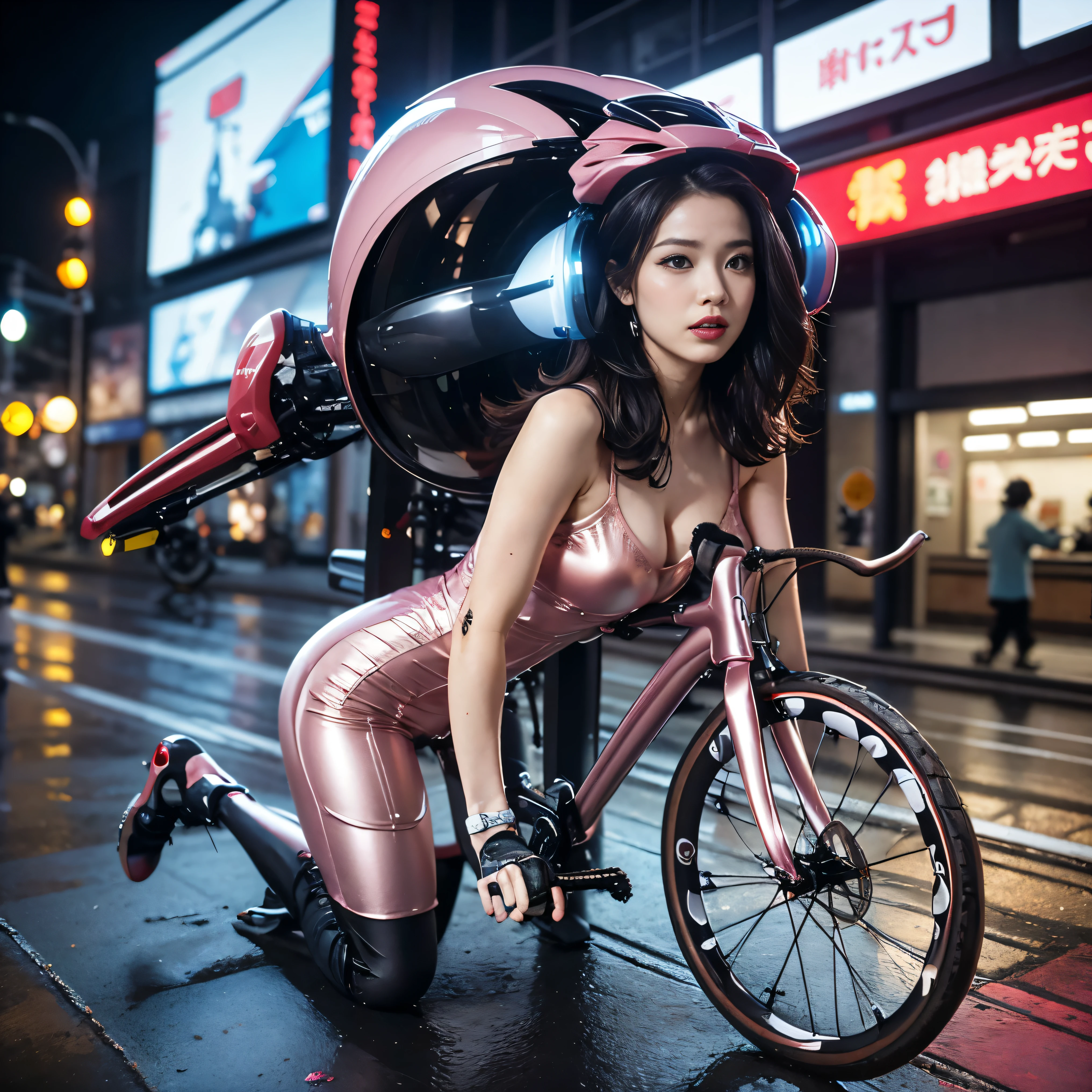 (highest quality、4K、8k、High resolution、masterpiece: 1.2)、Very detailed、(Genuine、Realistic、Realistic: 1.37)、SF、Beautiful young woman、so beautiful、Bounty Hunter、(((Futuristic Bike Chase:1.7)))、City、futuristic cyberpunk、high tech、neon、Dynamic and fast-paced、Night cityscape、Blurred street lights、Shadows and reflections、Motion Blur、High Contrast、Exciting and thrilling、Stunts and jumps、Action-packed、adrenaline rush、Smoke and sparks、Edgy and intense、Bold colors、Rough and dark、rain-soaked street、Squeaky tires、Strobe light、Skyline at night、Threatening atmosphere、Exciting angles and perspectives、Street graffiti、Vibrant and bustling、 High Speed Pursuit、Dystopian atmosphere、Explosion and debris、Sleek and modern bike、Shining headlights and taillights、 (highest quality、4k、8k、High Resolution、Masterpiece: 1.2)、Super detailed、(Real、Photorealistic、Photorealistic: 1.37)、HDR、UHD、Studio Lighting、Ultra-detailed Paint、Sharp Focus、Physically Based Rendering 、Very detailed explanation、professional、Bright colors、Bokeh、Cybernetic Weapons、Cyberspace、High Tech City、Shining neon lights、((Futuristic Fashion))、((Skin-tight light pink metallic outfit))、Mythical creatures、(Intense action)、(Sexy pose)、(Excited expression)、Fast-paced、Exciting soundtrack、explosion、advanced technology、Crisp contrast、Gritty atmosphere、Black Market Trading、Skyline at night、Steampunk element、Laser gun combat、Hidden alleys、hovering drone、Enhanced Vision、The unforgiving metropolis、Cybernetic Implantysterious informant from a secret organization、High Speed Chase、Impressive acrobatics、Colorful holograms、urban exploration、Navigating Virtual Genuineity、A diverse and multicultural society、Dystopian society、 Crowded street、hole々skyscraper、Android Companion、Illegal cybernetic modificationy heart is pounding, adrenaline rush、Heroic determination、House Trojek、