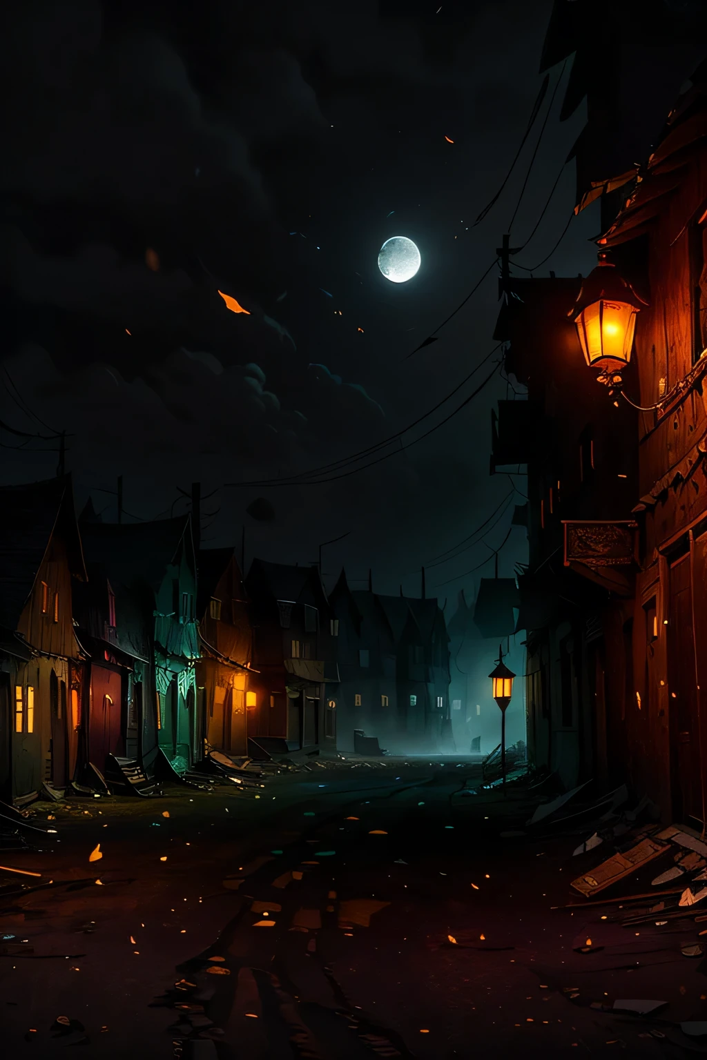 Picture a dark village, shrouded in an ethereal mist that clings to every crevice and corner. The moon, once a radiant beacon in the night sky, hangs low and broken, its shattered fragments casting an eerie glow over the landscape. The village, once vibrant and alive, now seems desolate and still. Old, wooden houses stand tall, their peeling paint and broken windows telling tales of a time long past. The once-lively streets are now empty, save for the occasional flicker of light from a solitary lantern. The village square, which was once the heart of the community, now lies in ruins. Yet, despite the darkness that envelops the