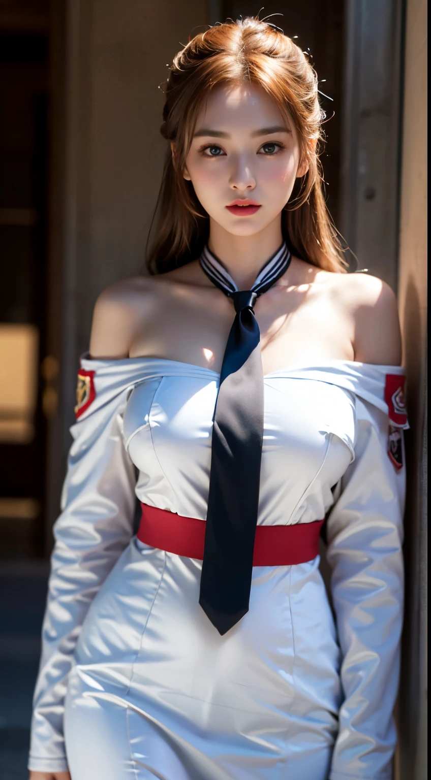 Very detailed CG Unity 8K wallpaper,(tmasterpiece),Colossal 、Toned buttocks、pale pink lip、（with blush cheeks）、(best qualtiy),(ultra - detailed),(Ultra photo realsisim),(best character detail:1.36),Nikon D750 F / 1.4 55mm,profetional lighting, Anatomically correct proportions、Anatomically correct limbs、Anatomically correct fingers、physically-based renderingt, 1girll, female soldier,Zeon Military Uniform,dark blue military uniform,Fabric texture military uniform,snow-white lining,red necktie,bangss、brown hair updated hair,the golden ratio,[:(with detailed face:1.2):0.2]:,Loss of pure face_v1, Kpop Idol、broad shoulder,(Bigchest:1.5),(Big Assa:1.5),Drenched in sweat,red flag,In the square,Superb view,Bright sun、
