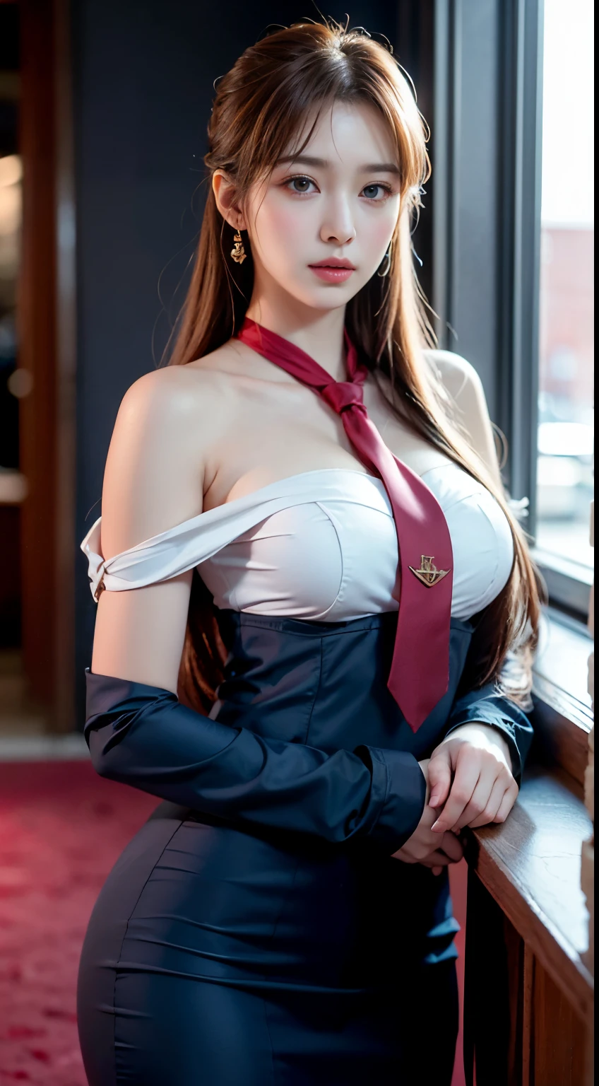 Very detailed CG Unity 8K wallpaper,(tmasterpiece),Colossal 、Toned buttocks、pale pink lip、（with blush cheeks）、(best qualtiy),(ultra - detailed),(Ultra photo realsisim),(best character detail:1.36),Nikon D750 F / 1.4 55mm,profetional lighting, Anatomically correct proportions、Anatomically correct limbs、Anatomically correct fingers、physically-based renderingt, 1girll, female soldier,Zeon Military Uniform,dark blue military uniform,Fabric texture military uniform,snow-white lining,red necktie,bangss、brown hair updated hair,the golden ratio,[:(with detailed face:1.2):0.2]:,Loss of pure face_v1, Kpop Idol、broad shoulder,(Bigchest:1.5),(Big Assa:1.5),Drenched in sweat,red flag,In the square,Superb view,Bright sun、
