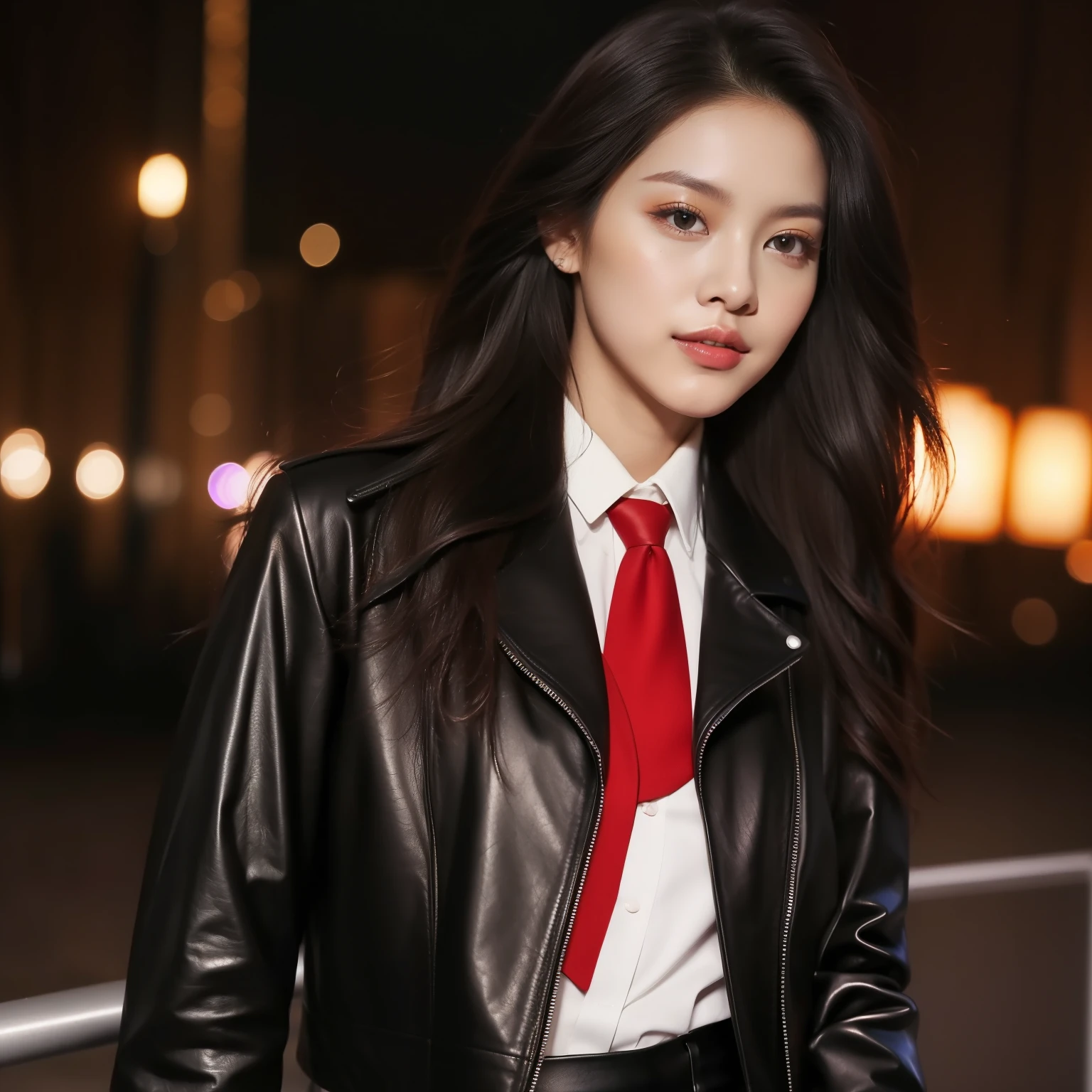 There was a woman wearing a red tie and black jacket., เธอWear a leather jacket, Jennie Blackpink, Wear a leather jacket, Wear a leather jacket, young woman in a suit, Wear a leather jacket, The most beautiful Chinese model, Cindy Avelino, Wearing a black and red suit, young woman in a suit, Season Wu, wearing a leather jacket, wearing a black jacket, Stylish