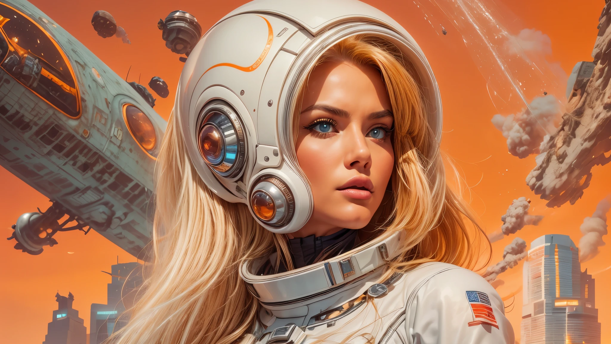arafed image of a white woman in a futuristic suit with a spaceship in the background, movie art, in front of an orange background, inspired by Robert McGinnis, female protagonist, megastructure in the background, portrait of an ai astronaut, astronauts, an astronaut, portrait of a astronaut skeletor, perfect android girl, detailed eyes, perfectly detailed teeth, frank franzzeta and sakimichan  