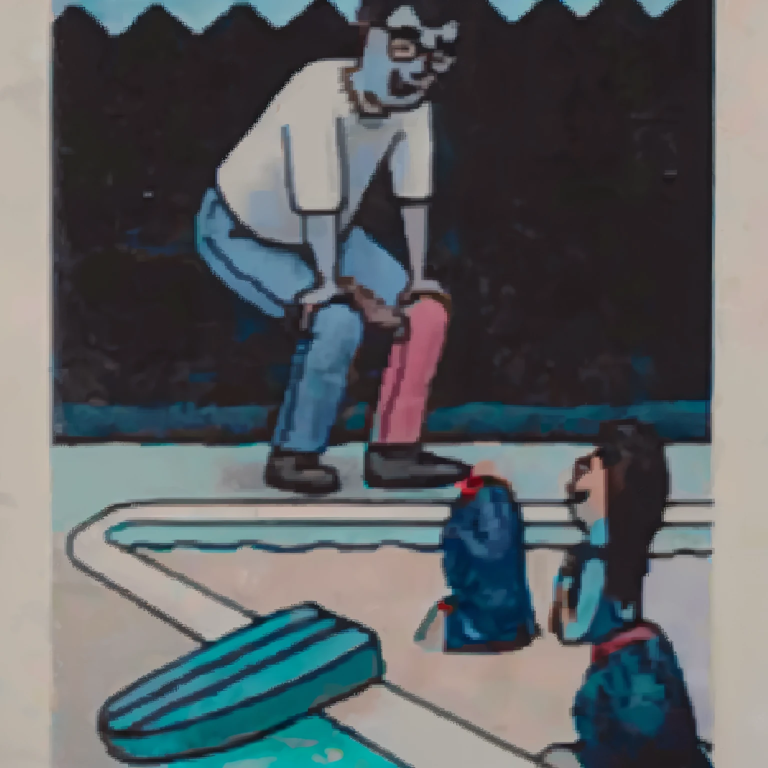 A man stands by the swimming pool and talks to a mother and daughter in the swimming pool,There was another woman in the swimming pool behind the mother and daughter.