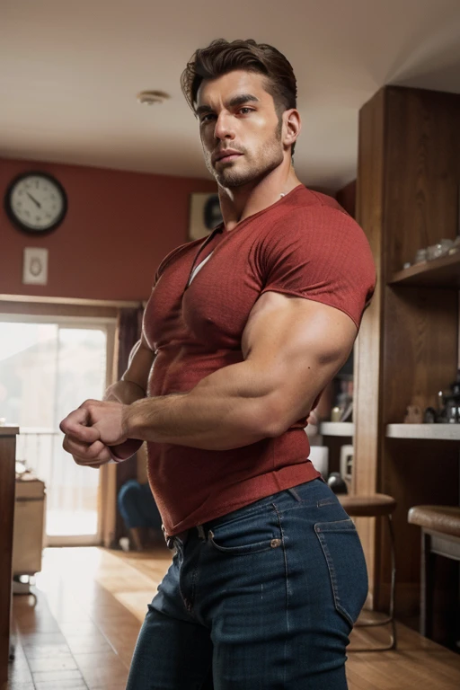 Photo of an imposing and muscular European man named Gastón, crudo y masculino, ((Iconic fitted red shirt)), ((Extraordinarily large bulging biceps)), ((retrato)), ((cara detallada)), ((rasgos faciales distintivos: strong jaw, ojos hundidos)), ((cuerpo peludo y grueso)),, en un ambiente de taller o taberna con poca luz, parado con confianza, ((Colores ricos y alto contraste.)), ((mejor calidad: 16:9 ultra high definition)), ((Sharp, high-resolution RE: 8k)), full body, jeans man