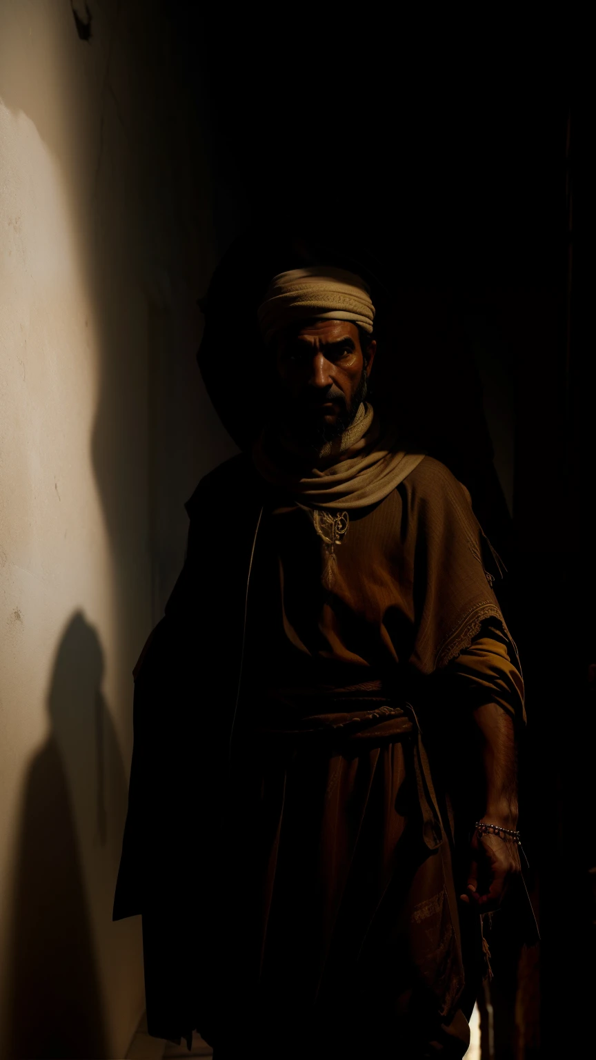 unreal engine, a poor arab Bedouin man standing proudly and pointing finger wearing torn out clothes standing in a hall
